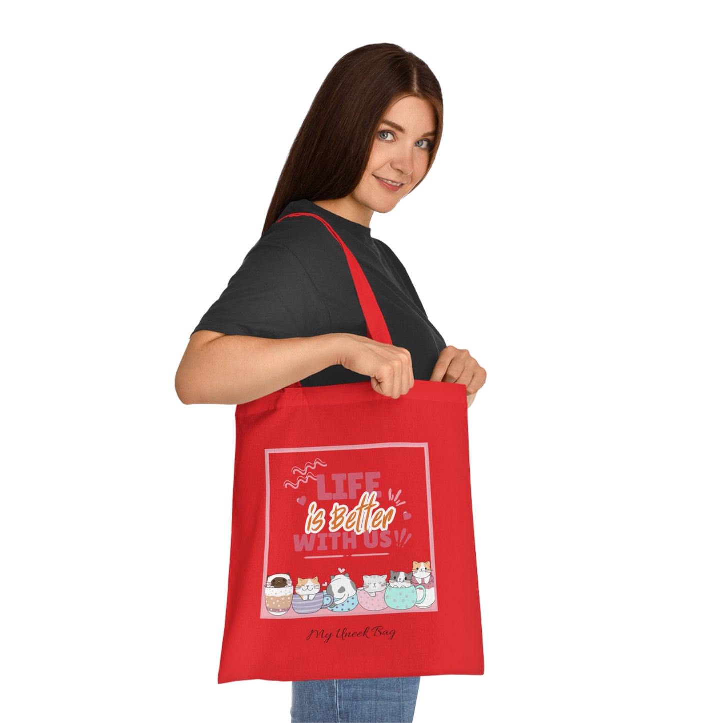 Tote Bag — "Life Is Better With Us" Cute Coffee & Cat Illustration Cotton Tote