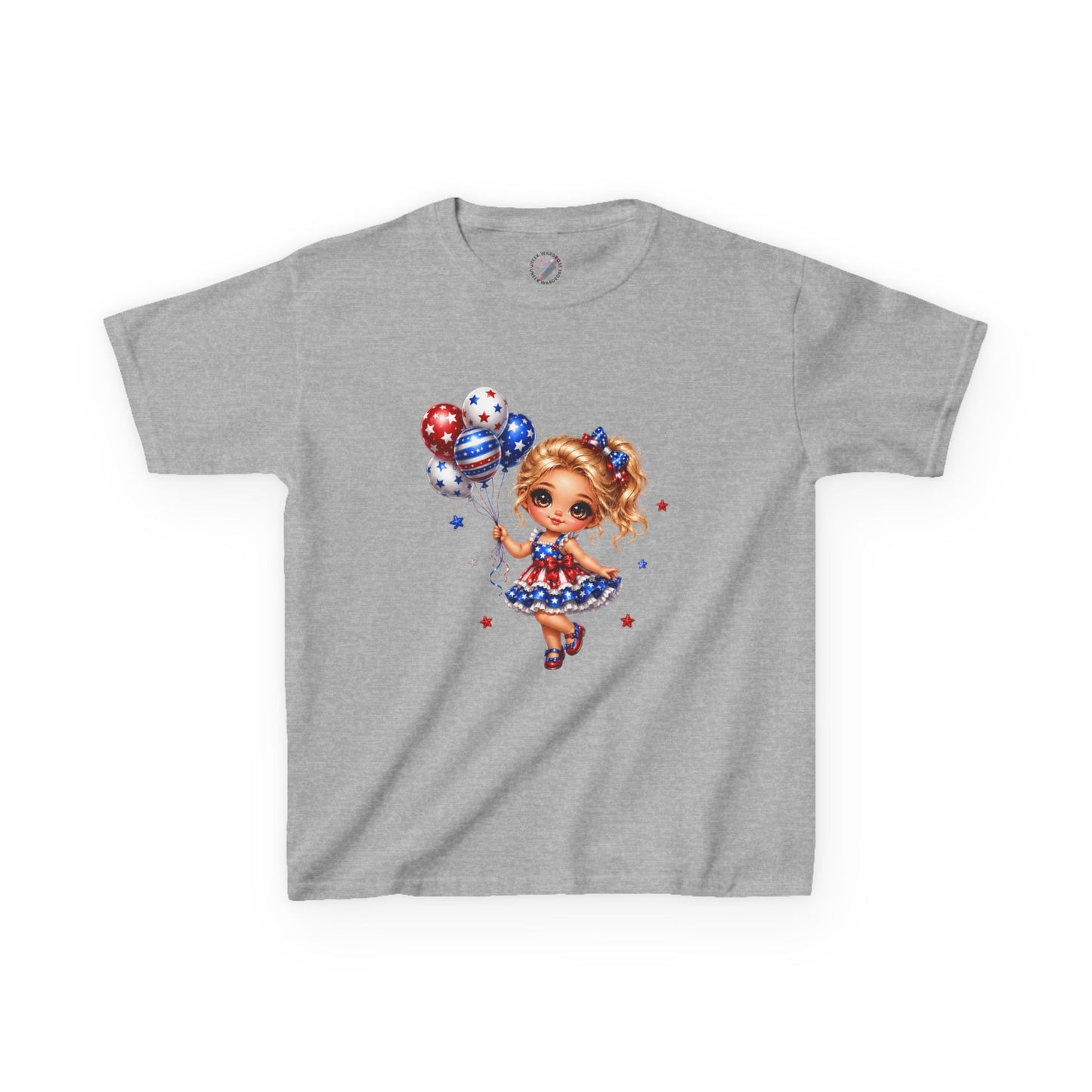 Kids Tee — Cute Patriotic Girl with Stars & Balloons (4th of July)