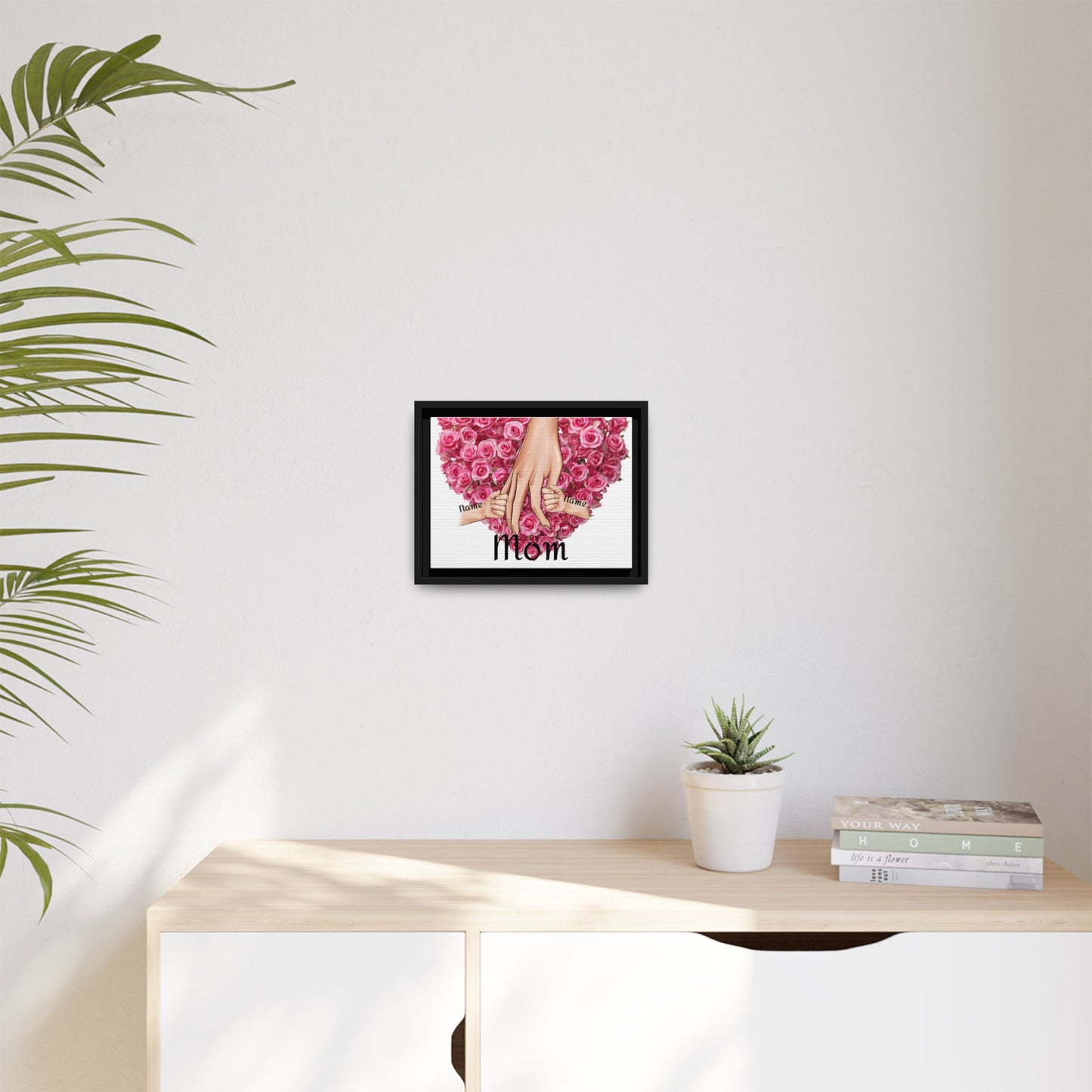 Framed Canvas Wall Art — 'Mom' Heart of Roses with Child Hands (Personalizable Names)
