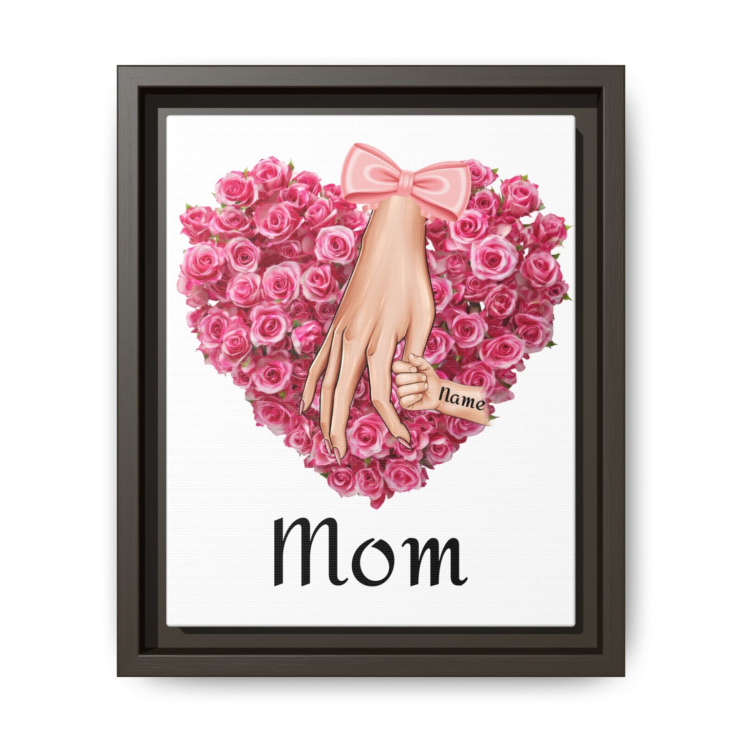 'Mom' Pink Rose Heart with Holding Hands (Matte) Framed Canvas Art