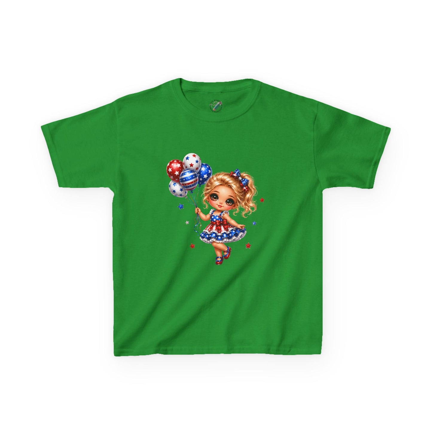 Kids Tee — Cute Patriotic Girl with Stars & Balloons (4th of July)