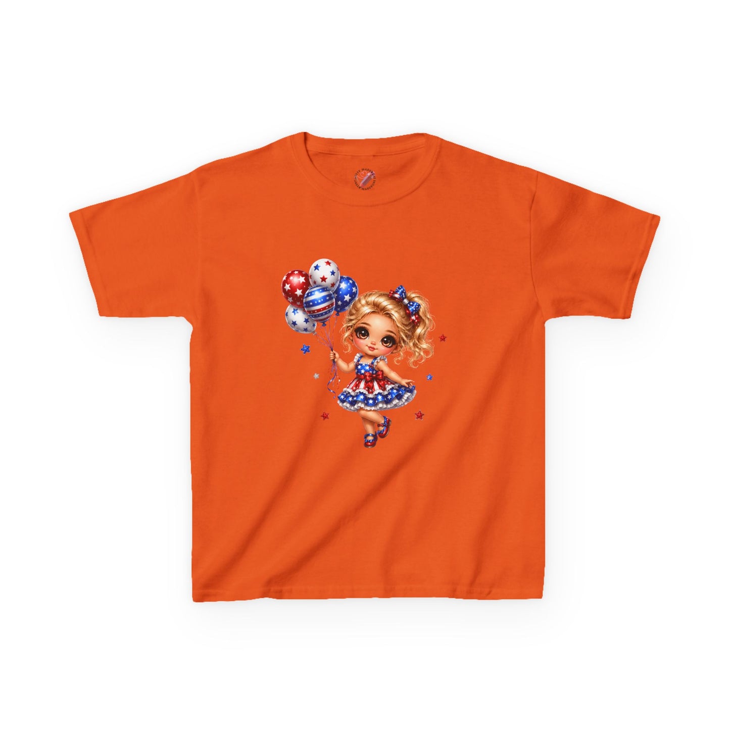 Kids Tee — Cute Patriotic Girl with Stars & Balloons (4th of July)