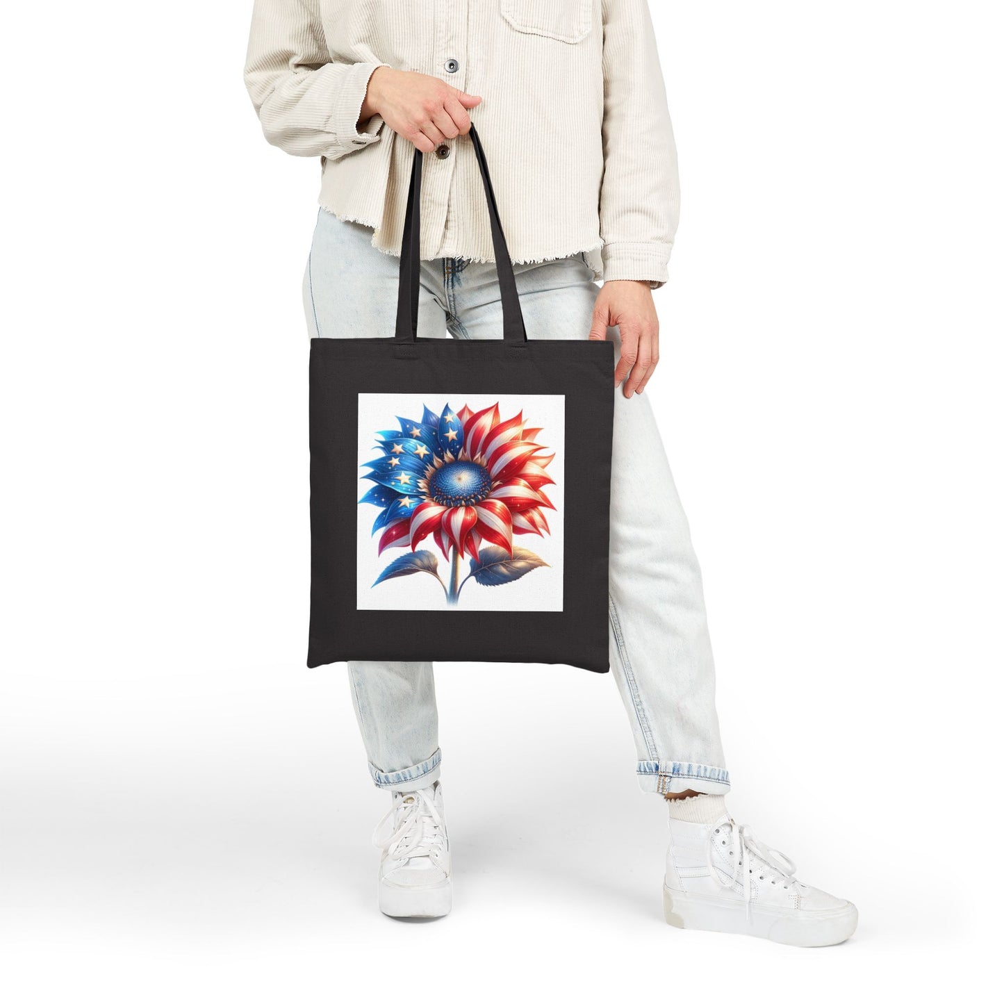 Patriotic Sunflower Tote Bag - American Flag Floral Cotton Canvas Tote
