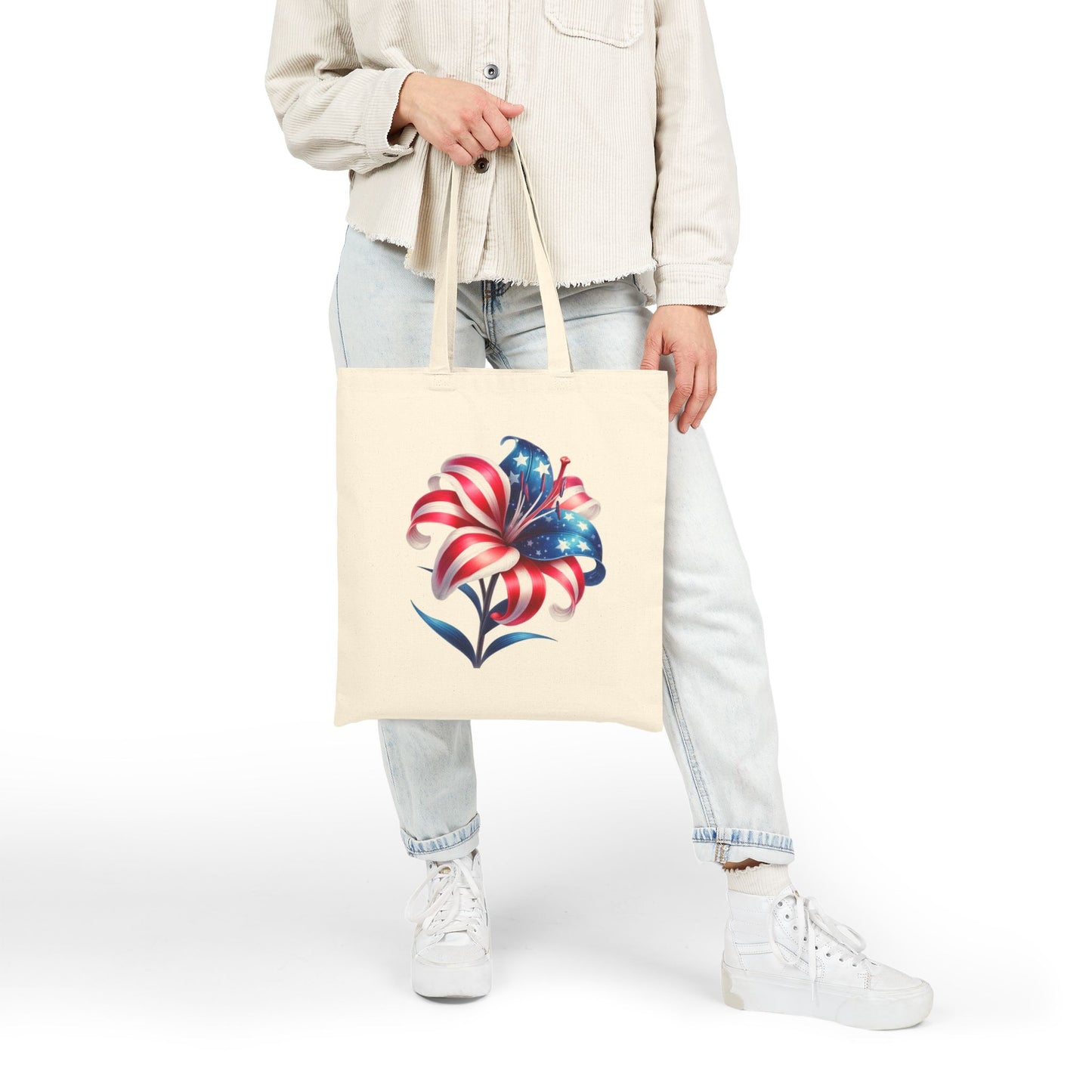 Patriotic Flag Lily Tote Bag — USA Floral Cotton Canvas Shopper for 4th of July