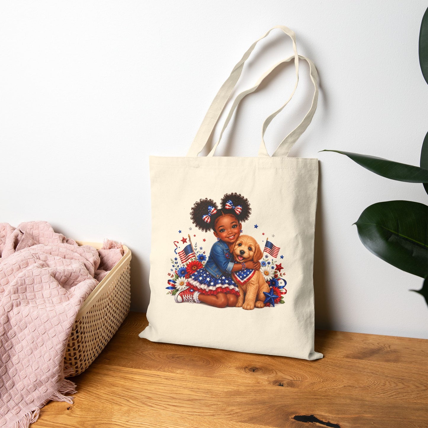 Patriotic Girl & Puppy Canvas Tote — 4th of July Independence Day Grocery Bag
