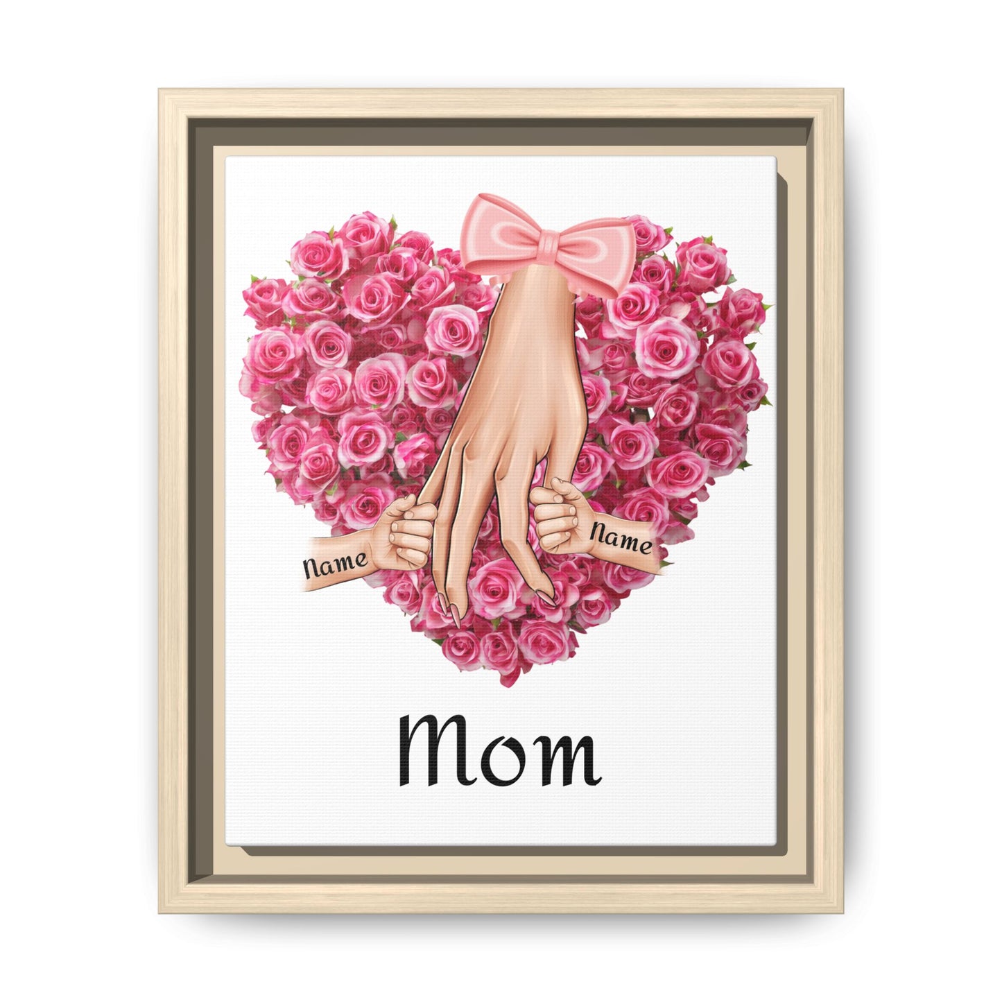 Framed Canvas Wall Art — 'Mom' Heart of Roses with Child Hands (Personalizable Names)