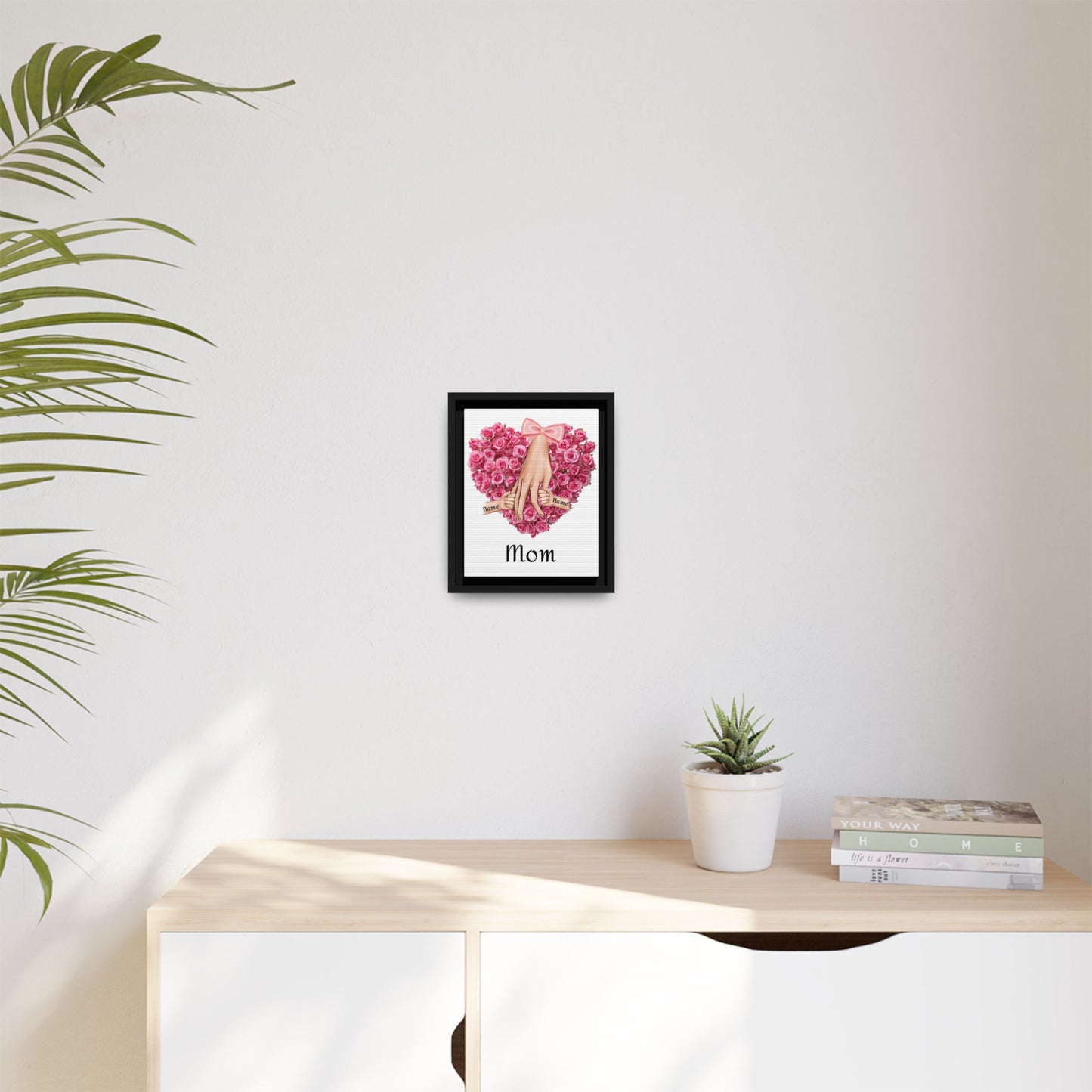 Framed Canvas Wall Art — 'Mom' Heart of Roses with Child Hands (Personalizable Names)