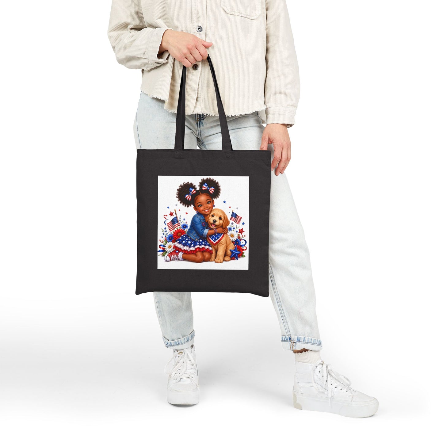 Patriotic Girl & Puppy Canvas Tote — 4th of July Independence Day Grocery Bag