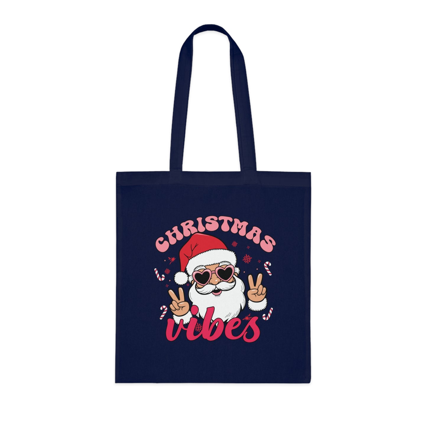 Christmas Vibes Cotton Tote Bag — Santa Peace Sign Holiday Market Tote