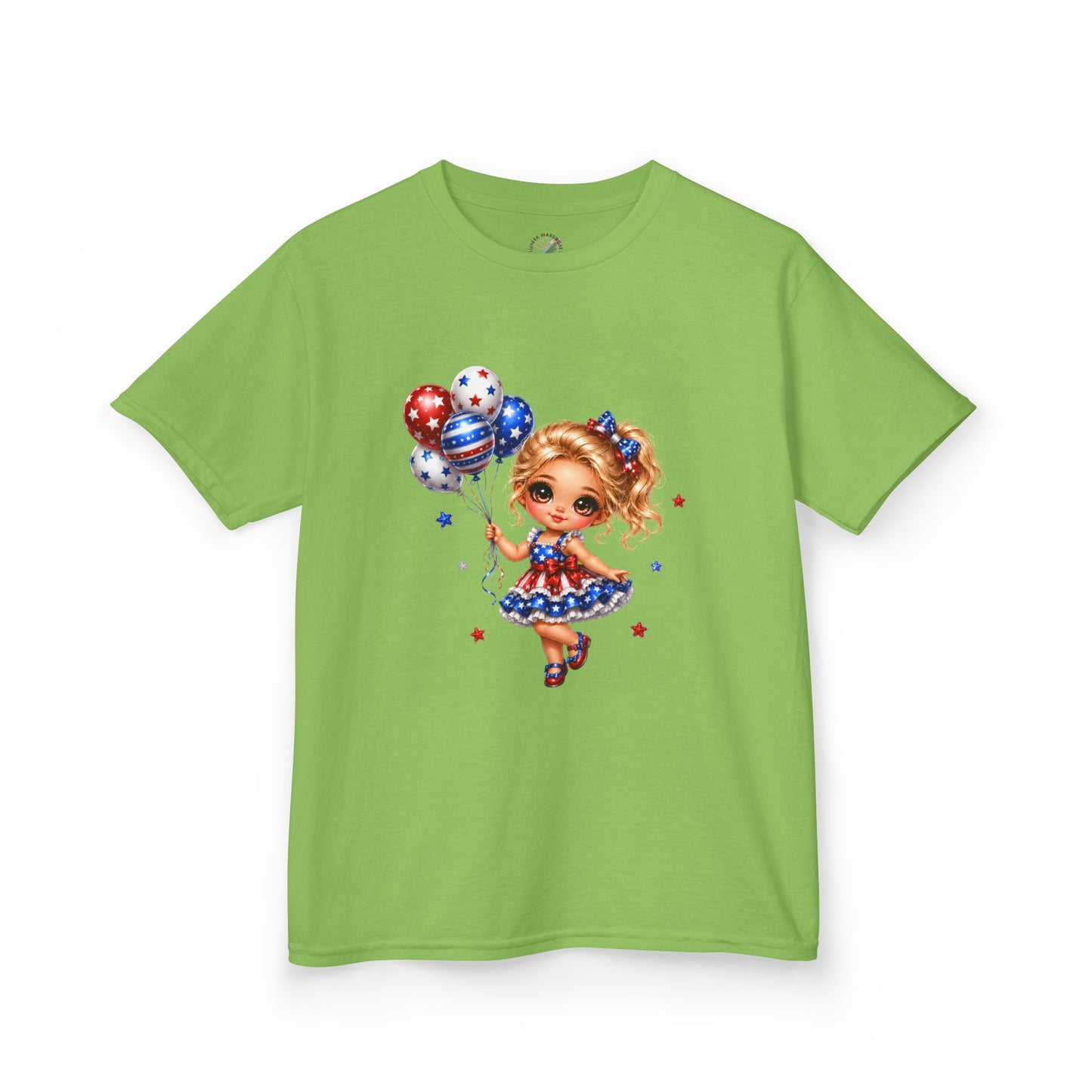 Kids Tee — Cute Patriotic Girl with Stars & Balloons (4th of July)