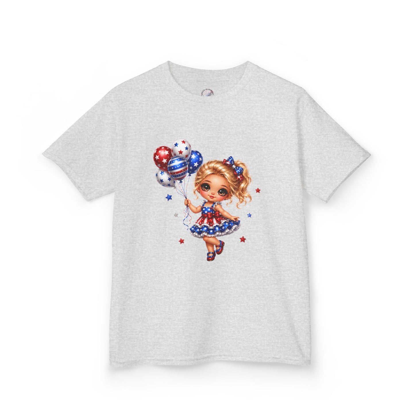 Kids Tee — Cute Patriotic Girl with Stars & Balloons (4th of July)