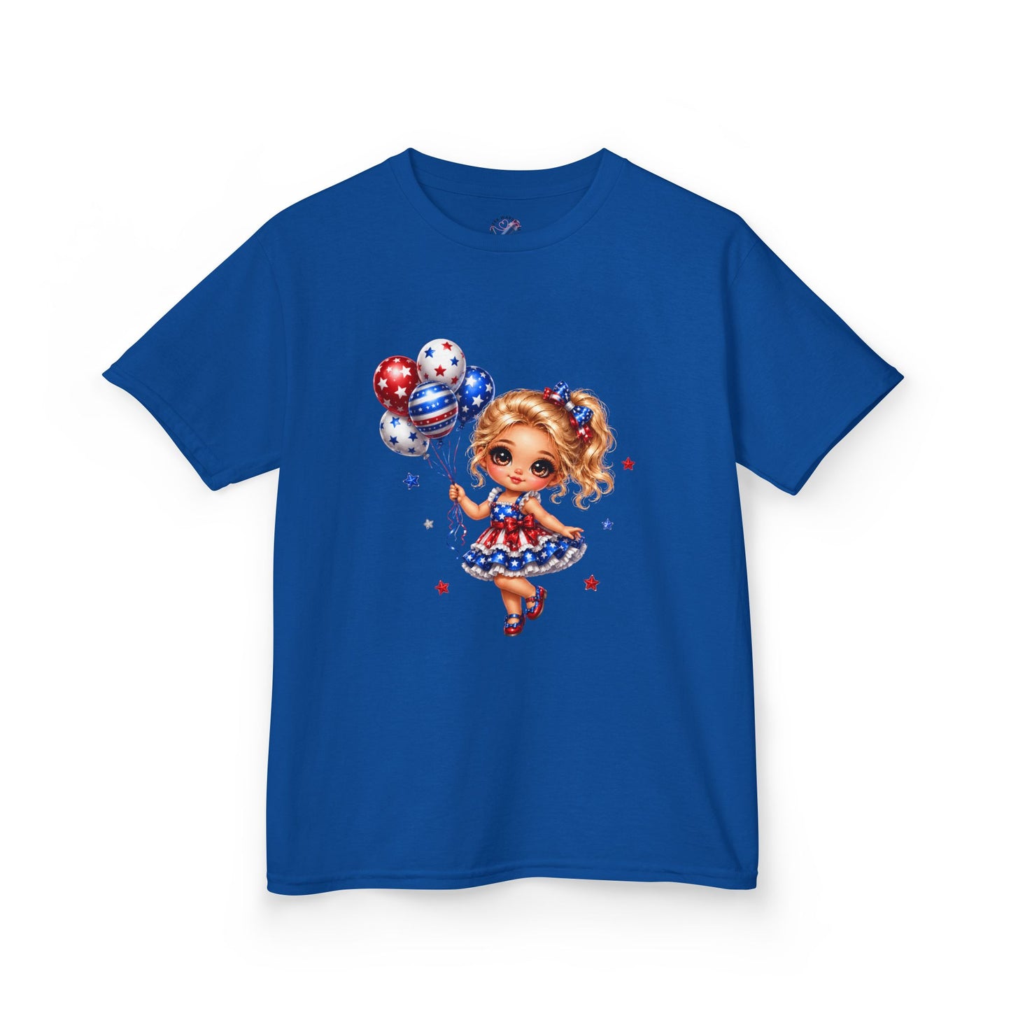 Kids Tee — Cute Patriotic Girl with Stars & Balloons (4th of July)