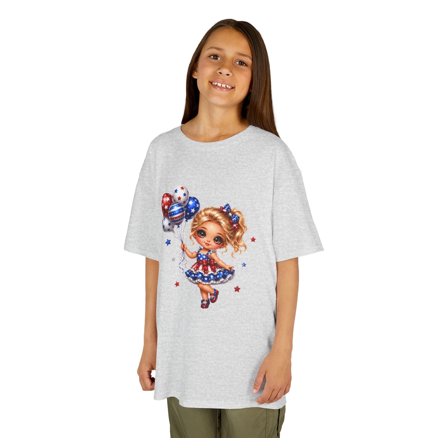 Kids Tee — Cute Patriotic Girl with Stars & Balloons (4th of July)
