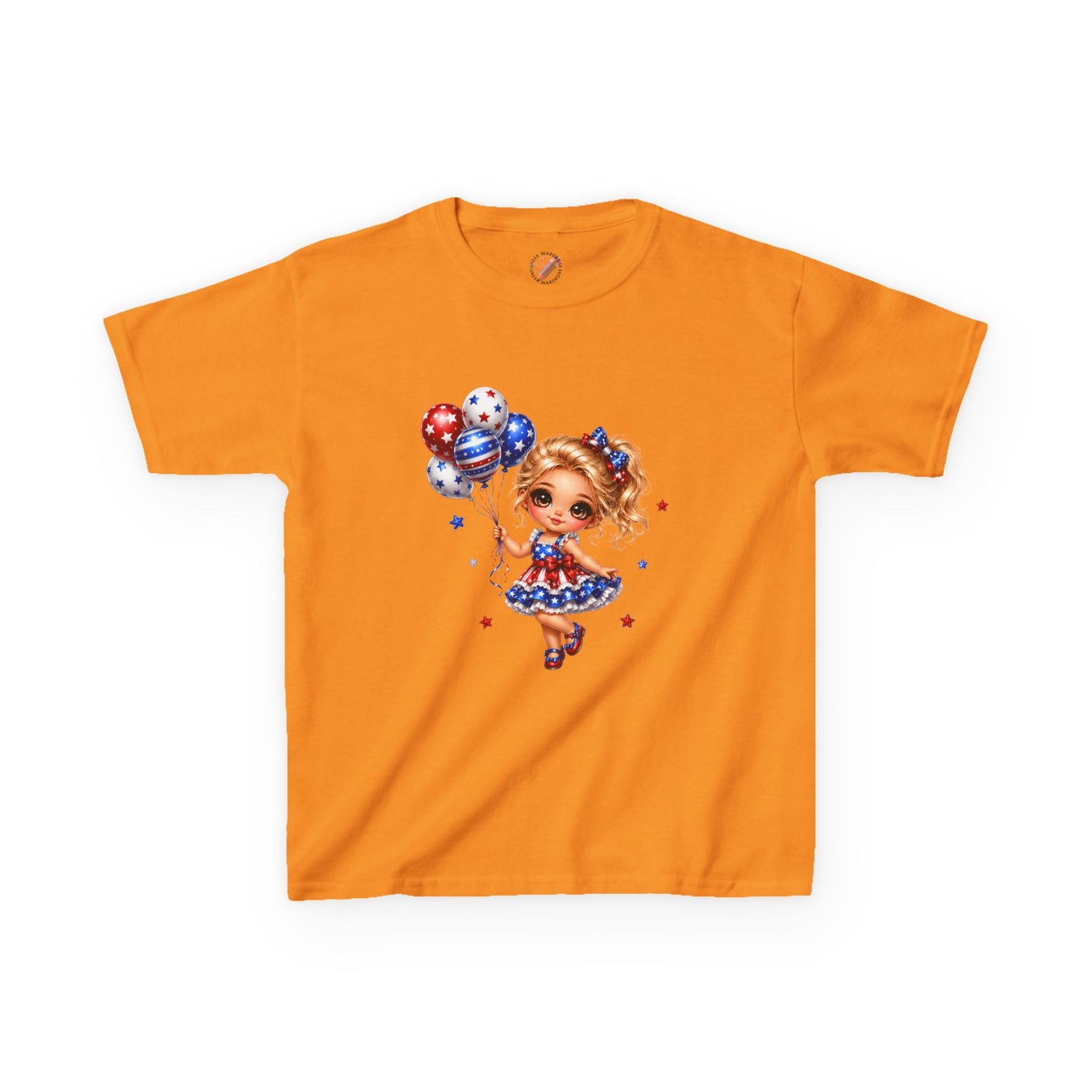 Kids Tee — Cute Patriotic Girl with Stars & Balloons (4th of July)