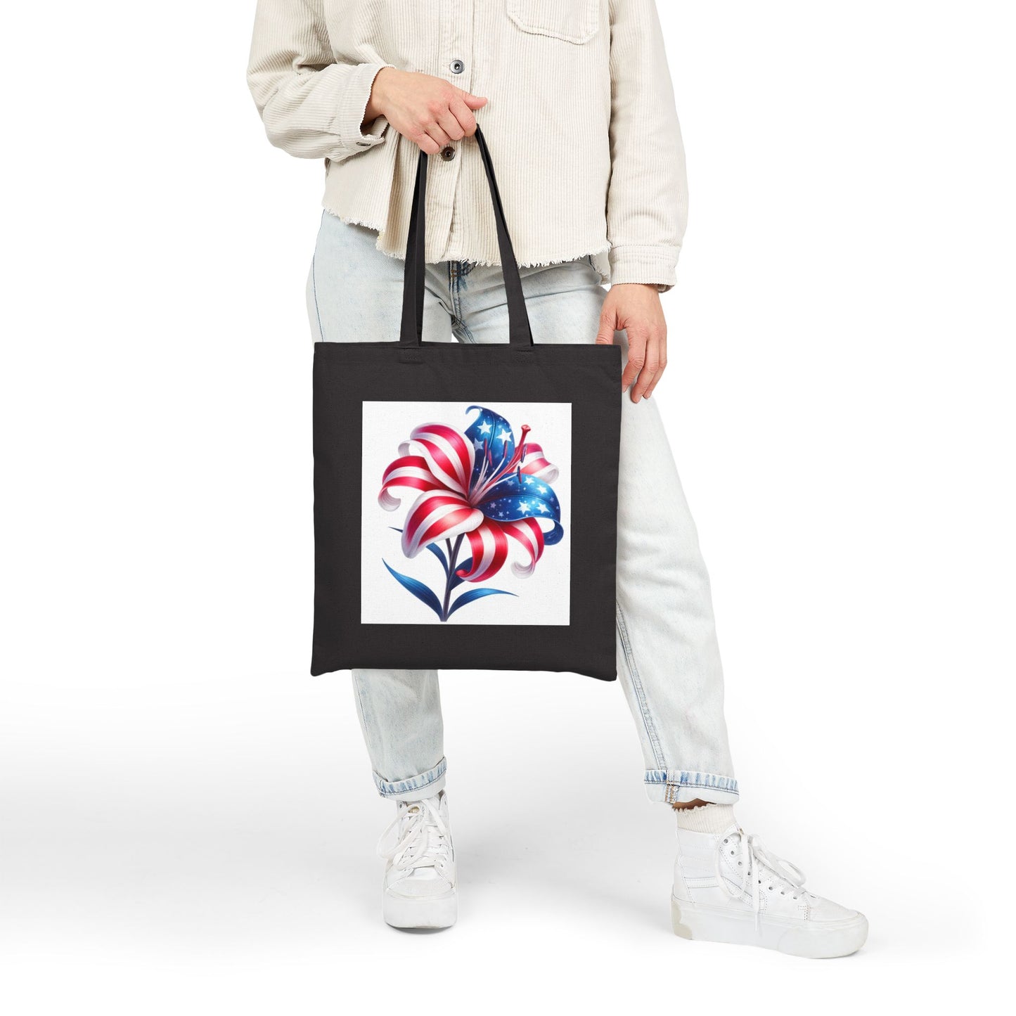 Patriotic Flag Lily Tote Bag — USA Floral Cotton Canvas Shopper for 4th of July