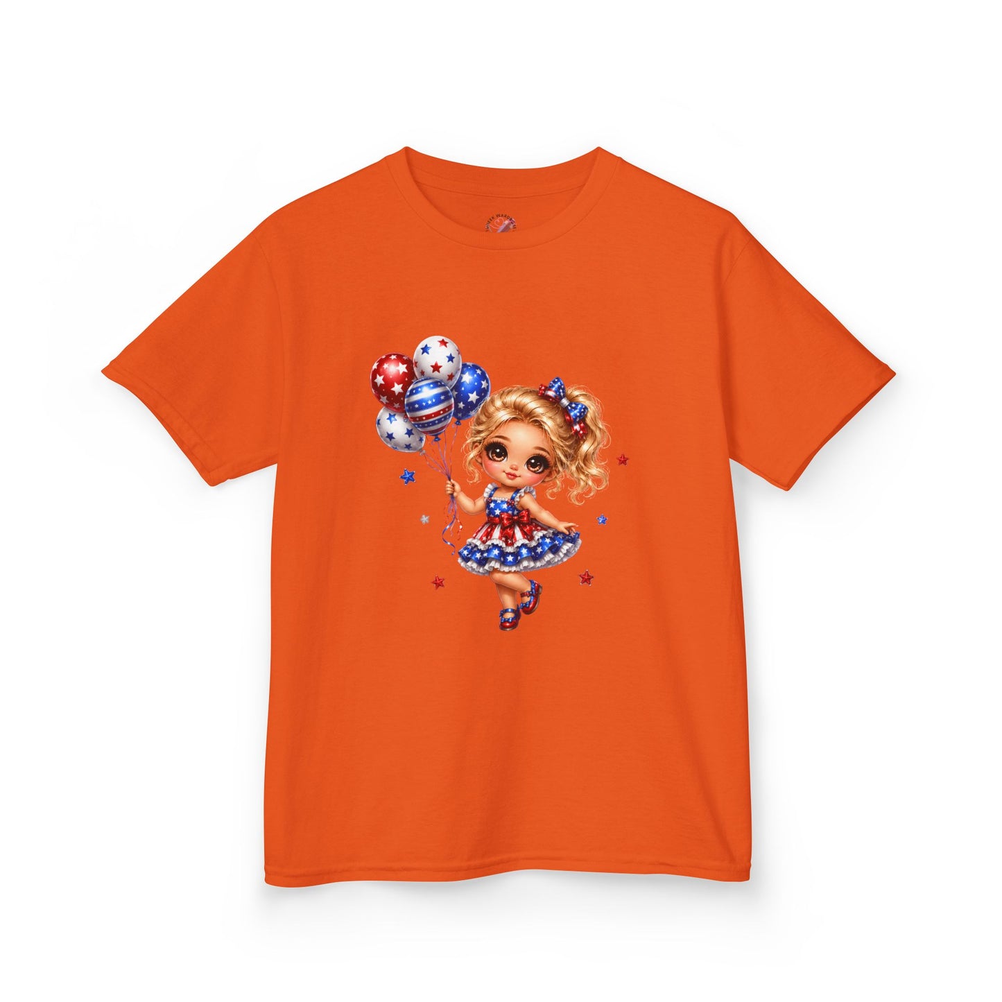 Kids Tee — Cute Patriotic Girl with Stars & Balloons (4th of July)