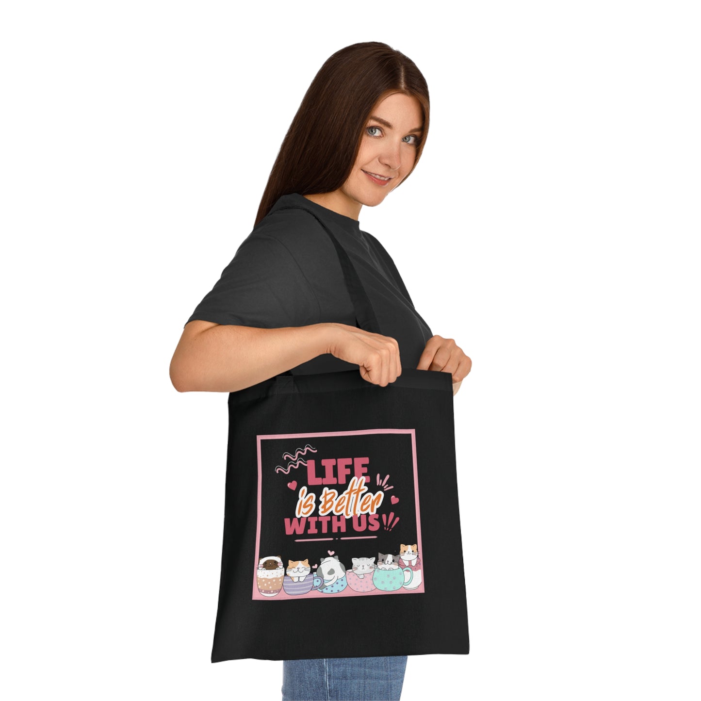 Tote Bag — "Life Is Better With Us" Cute Coffee & Cat Illustration Cotton Tote