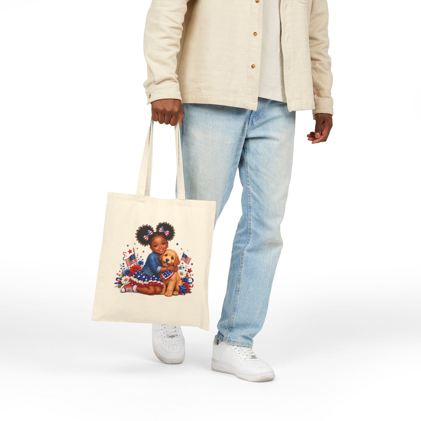 Patriotic Girl & Puppy Canvas Tote — 4th of July Independence Day Grocery Bag
