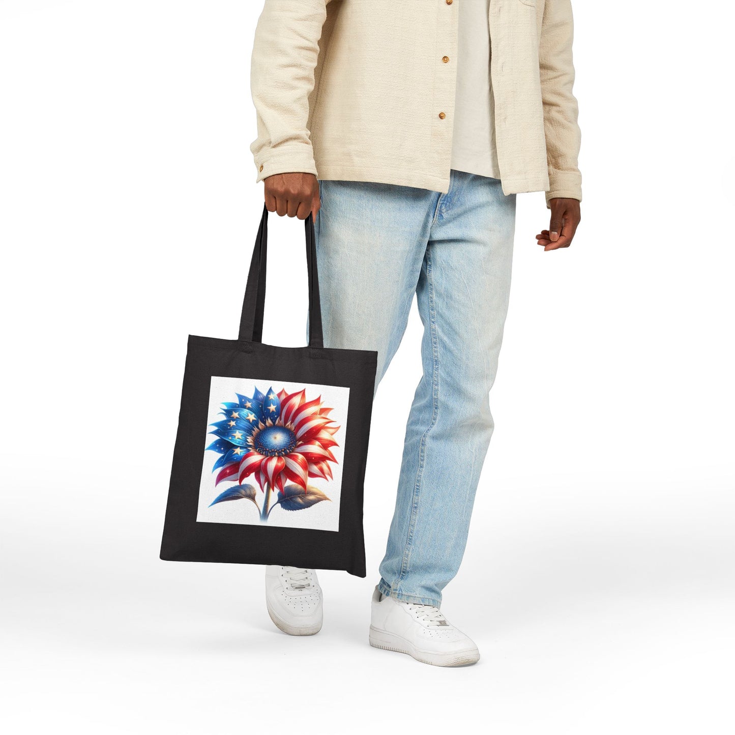 Patriotic Sunflower Tote Bag - American Flag Floral Cotton Canvas Tote