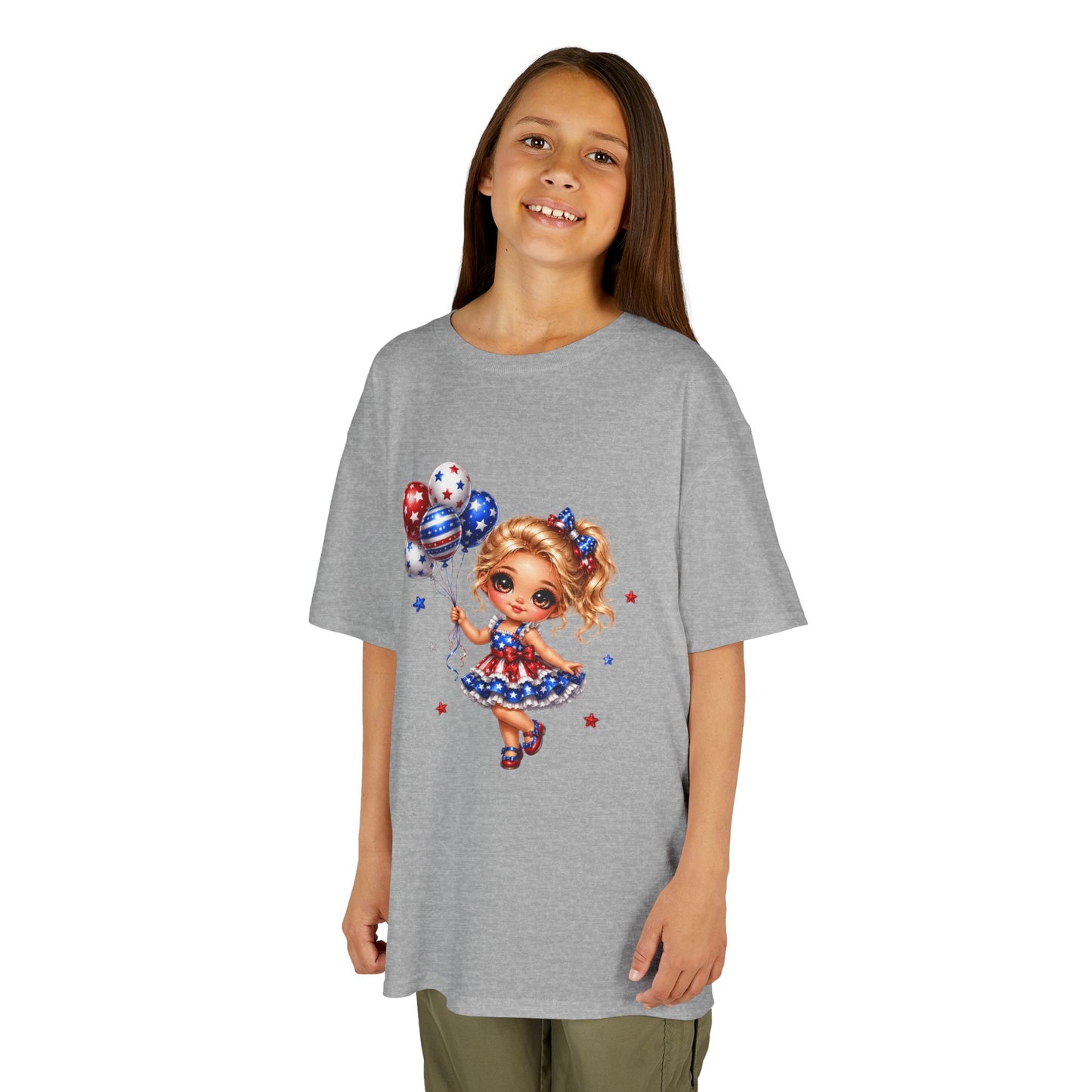 Kids Tee — Cute Patriotic Girl with Stars & Balloons (4th of July)