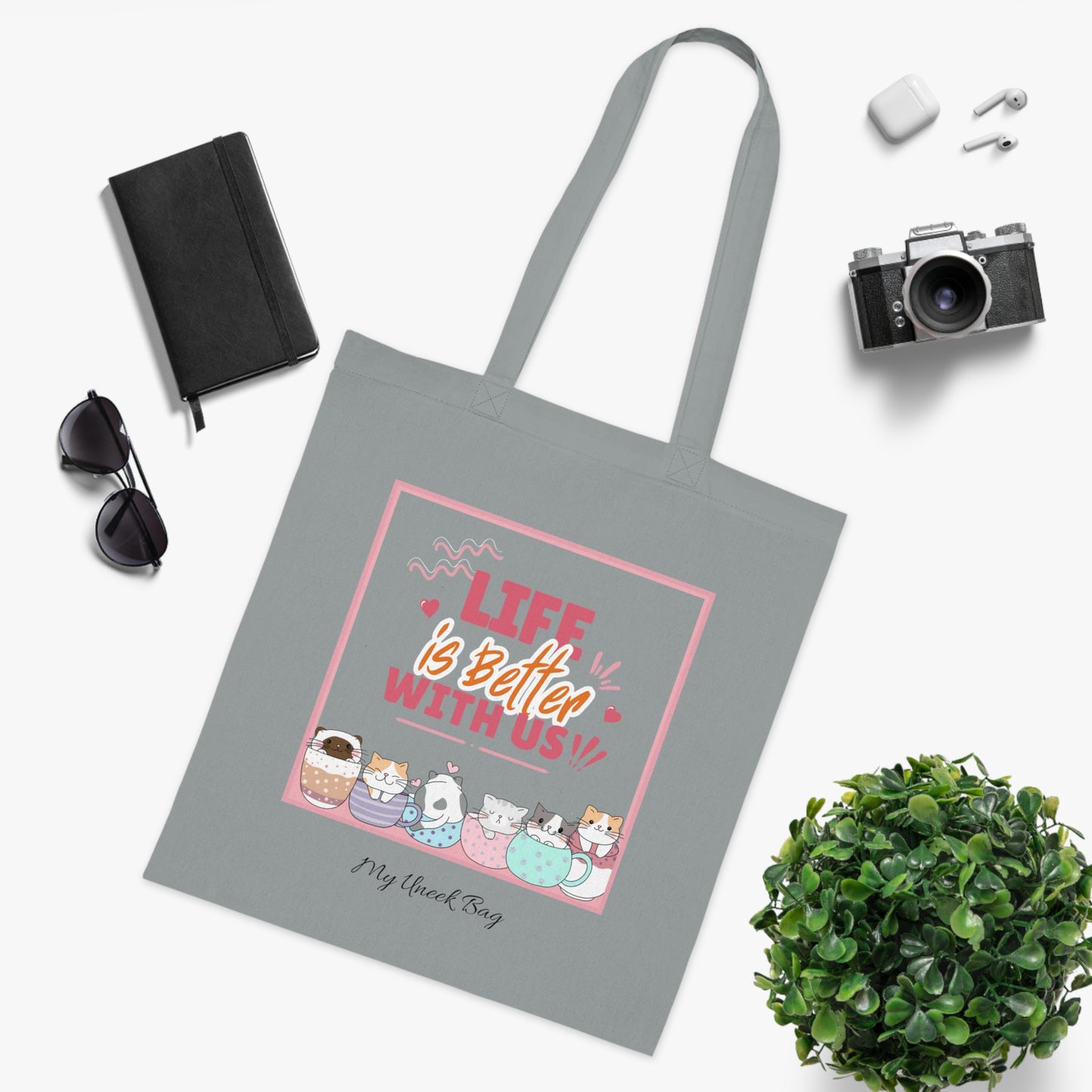 Tote Bag — "Life Is Better With Us" Cute Coffee & Cat Illustration Cotton Tote