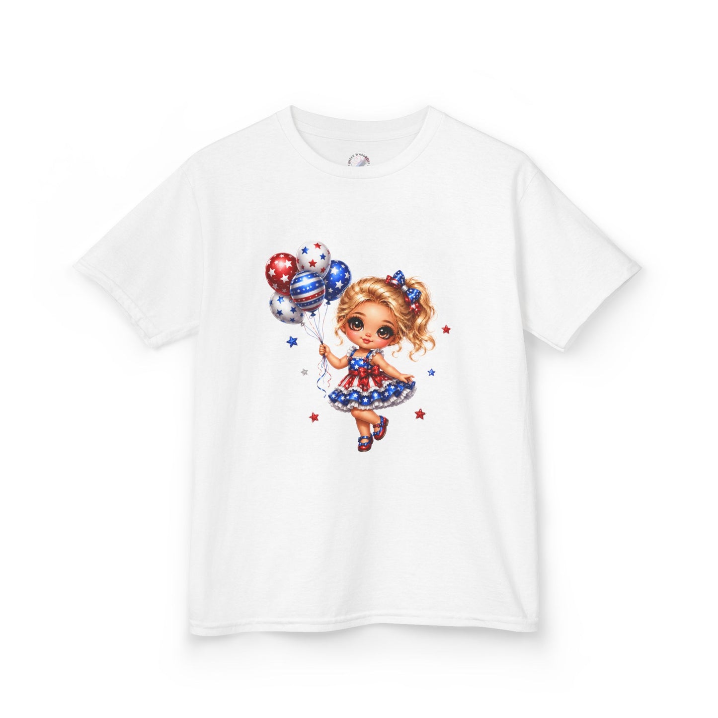 Kids Tee — Cute Patriotic Girl with Stars & Balloons (4th of July)