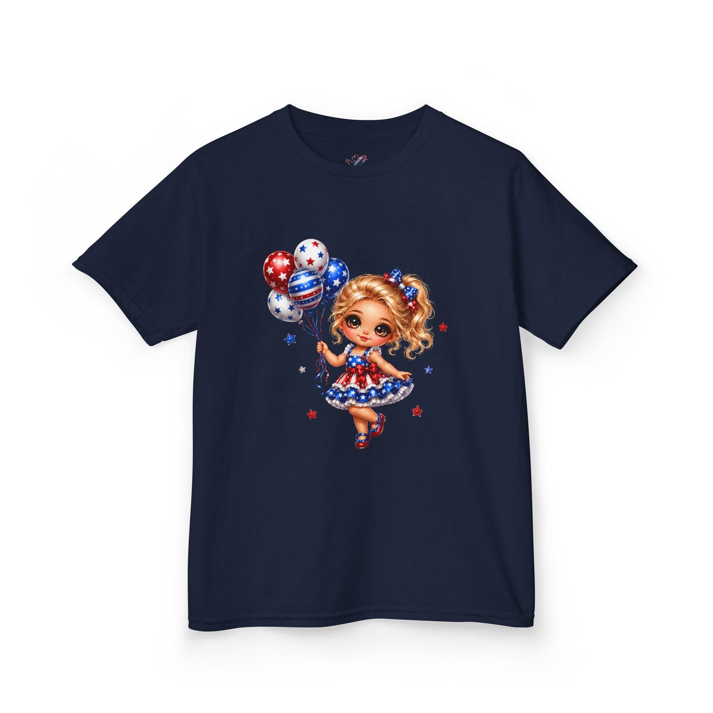 Kids Tee — Cute Patriotic Girl with Stars & Balloons (4th of July)
