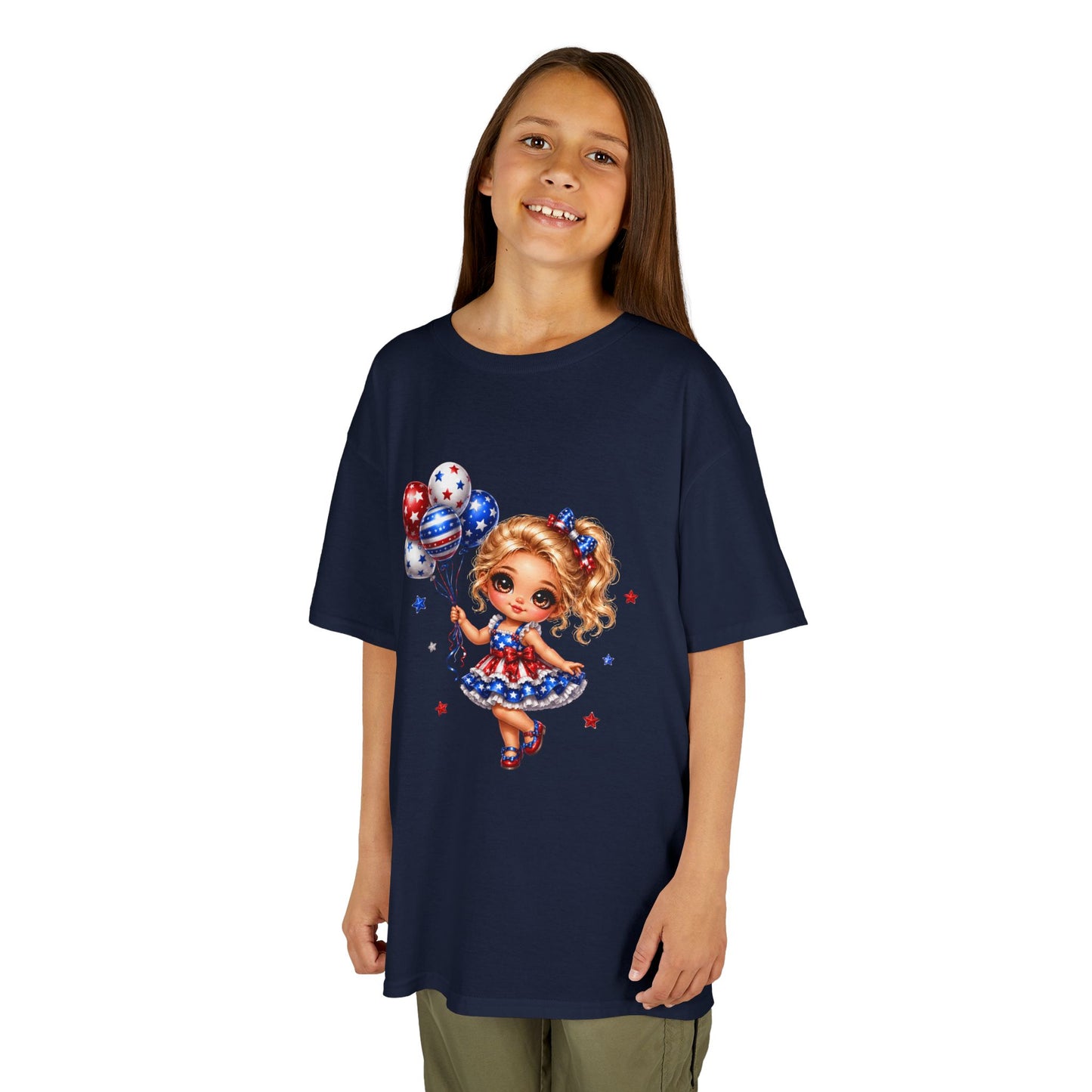 Kids Tee — Cute Patriotic Girl with Stars & Balloons (4th of July)