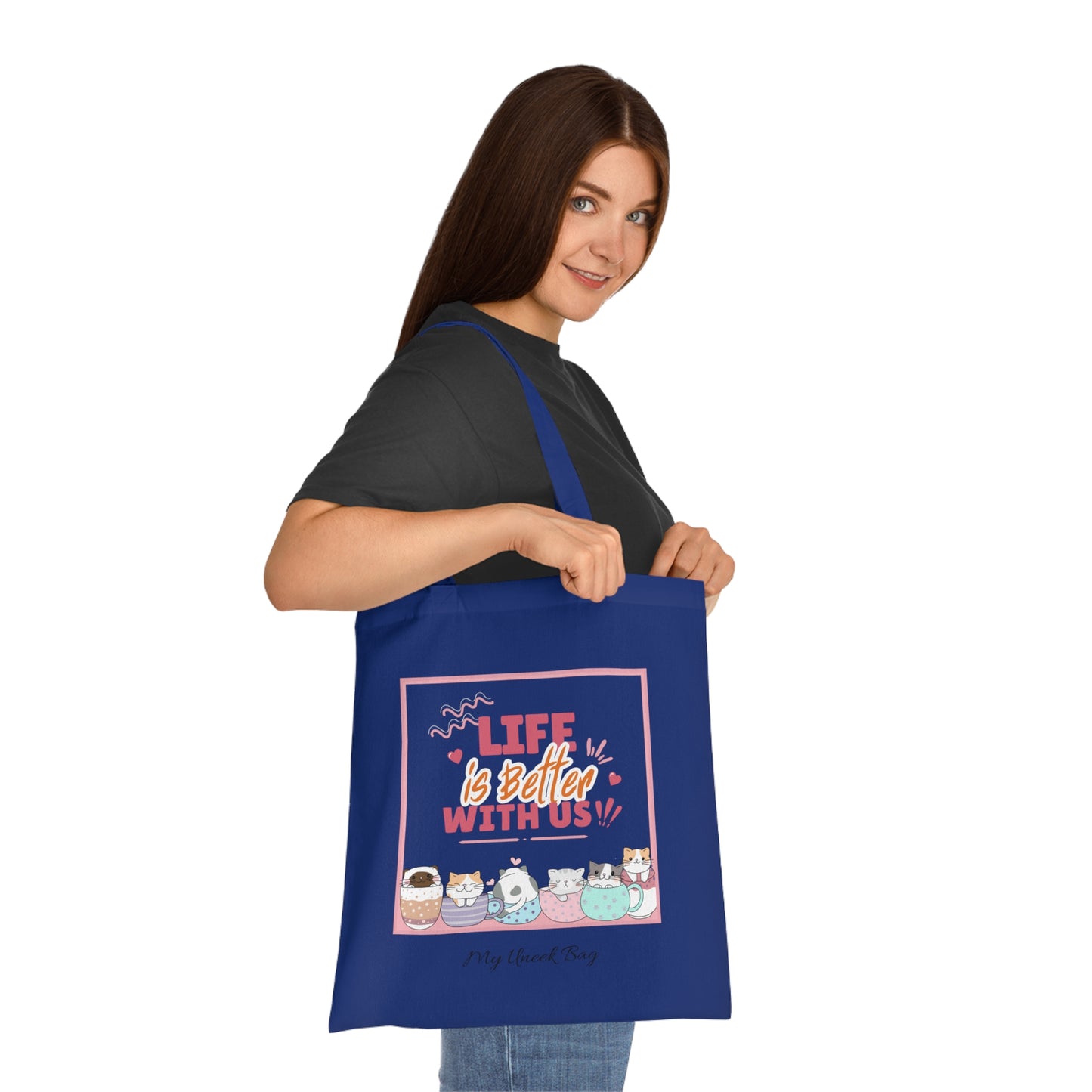 Tote Bag — "Life Is Better With Us" Cute Coffee & Cat Illustration Cotton Tote