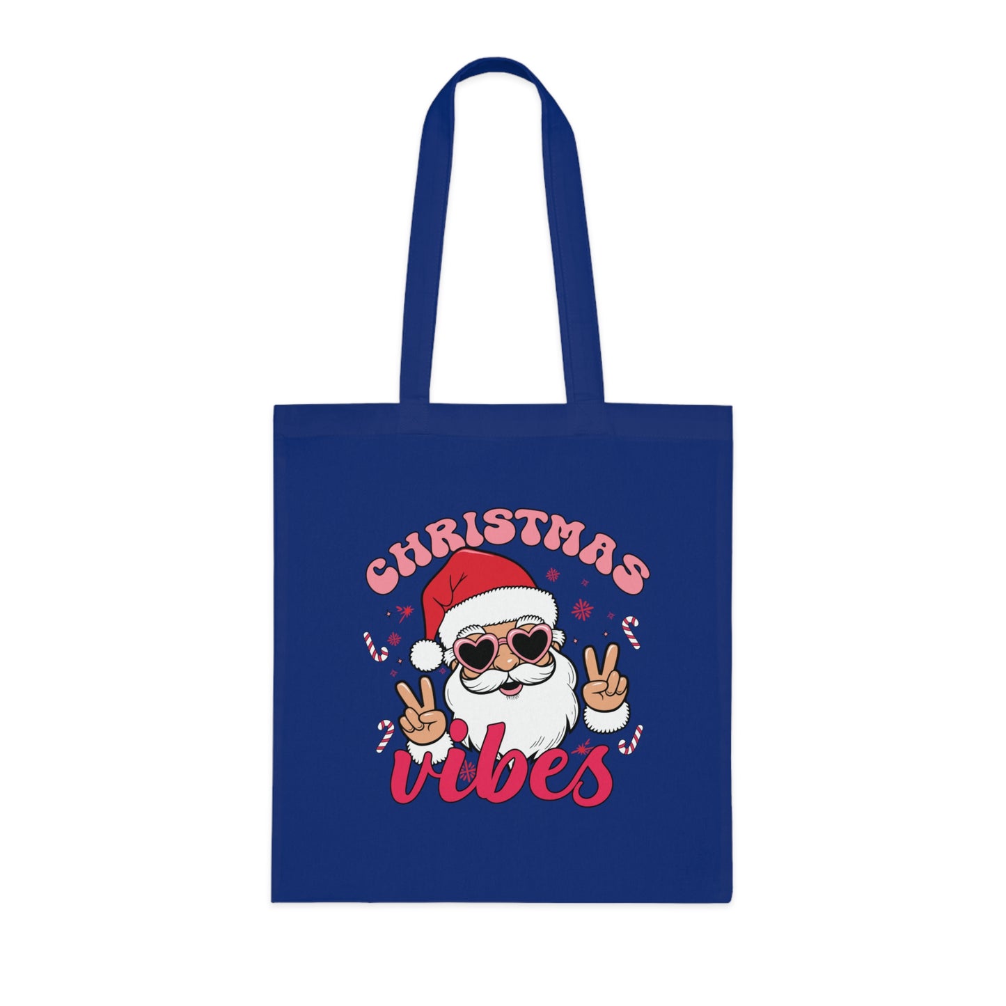 Christmas Vibes Cotton Tote Bag — Santa Peace Sign Holiday Market Tote