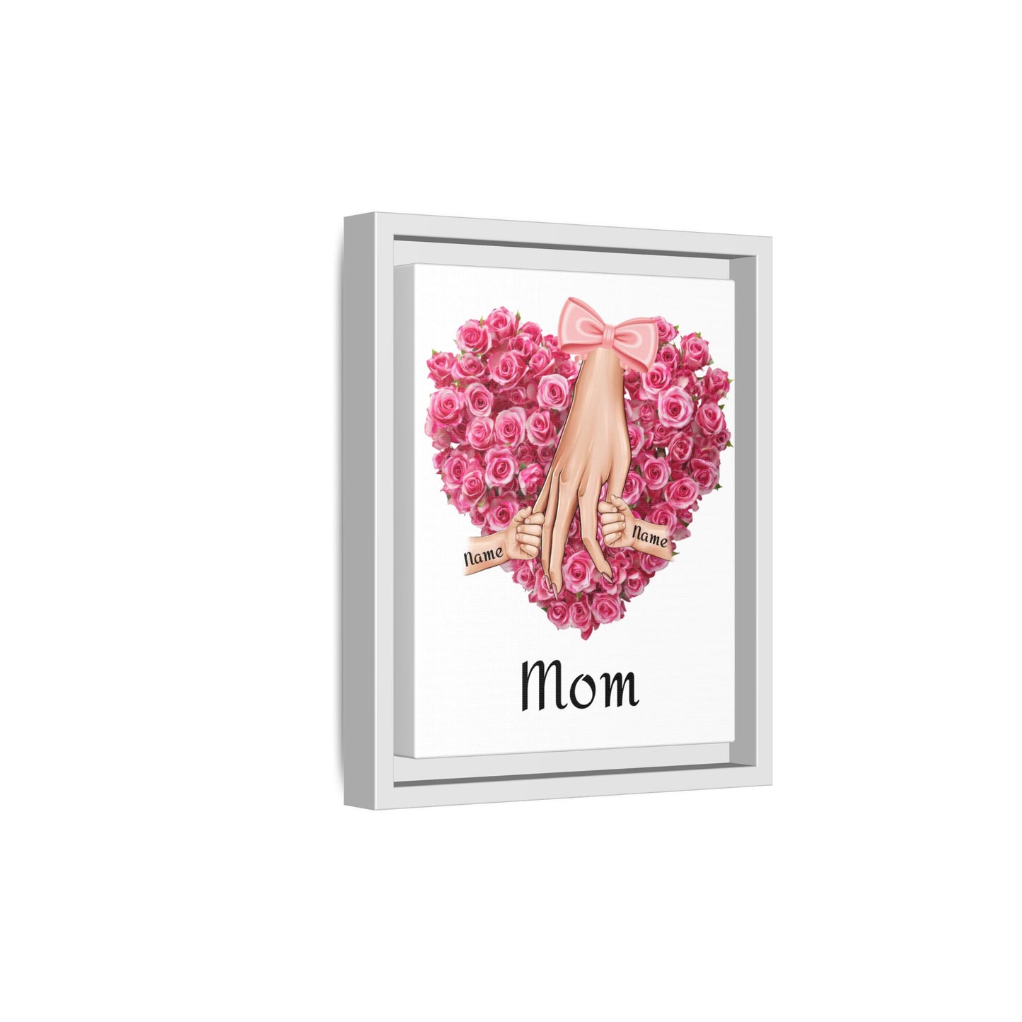 Framed Canvas Wall Art — 'Mom' Heart of Roses with Child Hands (Personalizable Names)