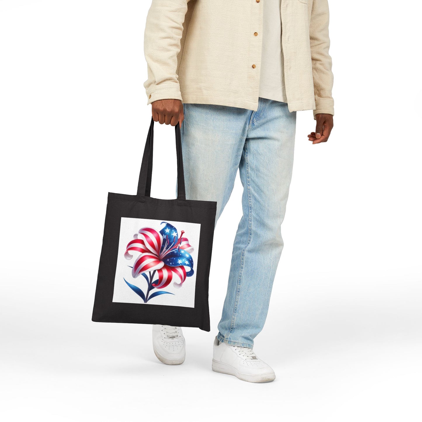 Patriotic Flag Lily Tote Bag — USA Floral Cotton Canvas Shopper for 4th of July