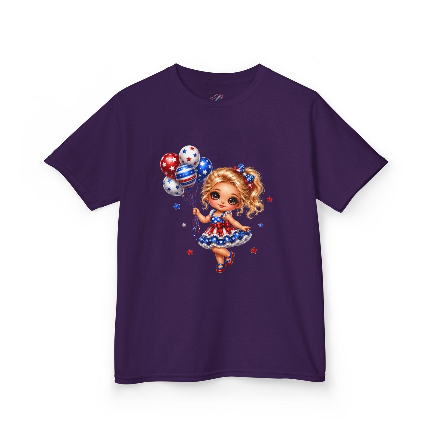 Kids Tee — Cute Patriotic Girl with Stars & Balloons (4th of July)