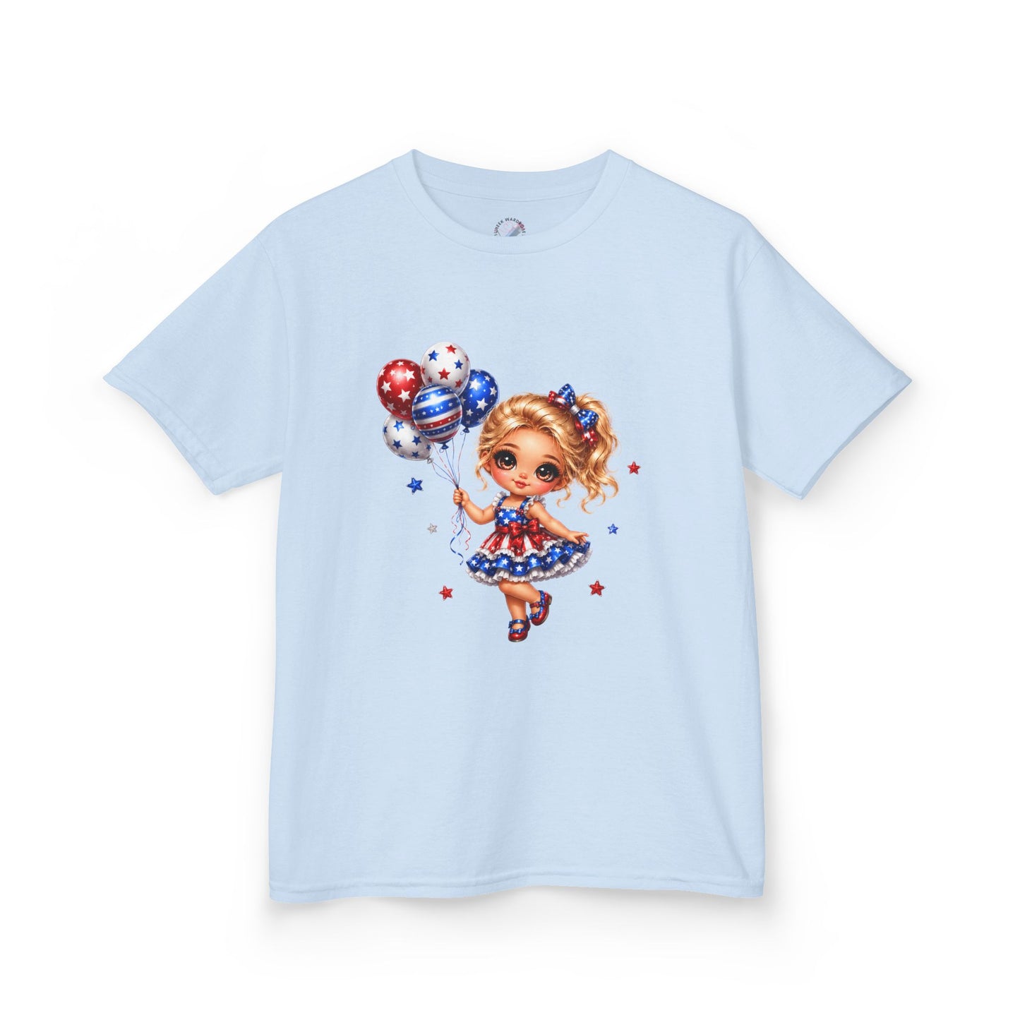 Kids Tee — Cute Patriotic Girl with Stars & Balloons (4th of July)