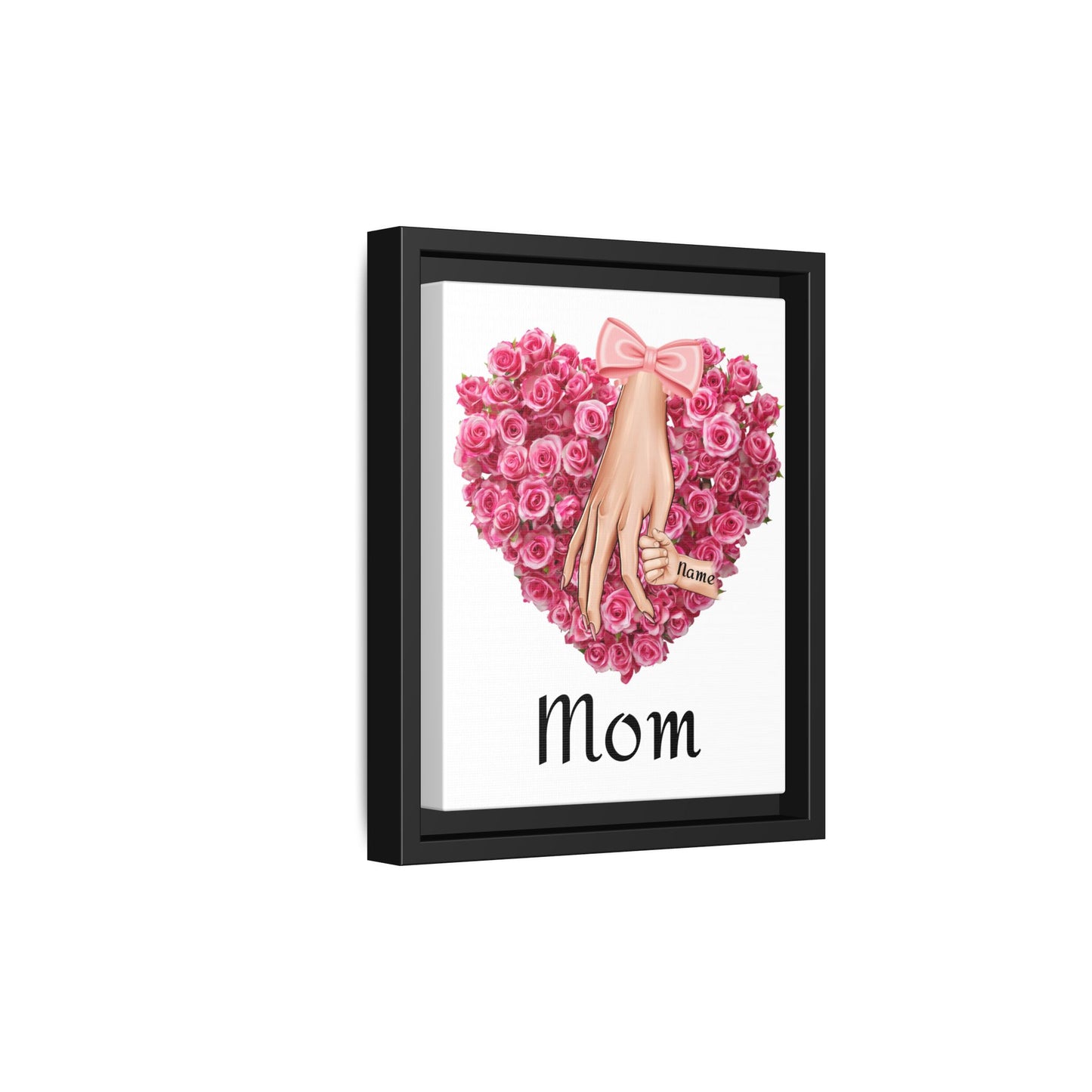'Mom' Pink Rose Heart with Holding Hands (Matte) Framed Canvas Art