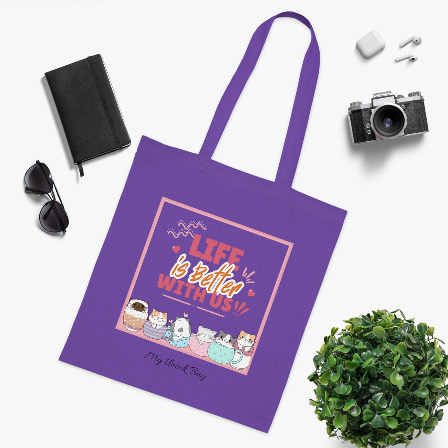 Tote Bag — "Life Is Better With Us" Cute Coffee & Cat Illustration Cotton Tote