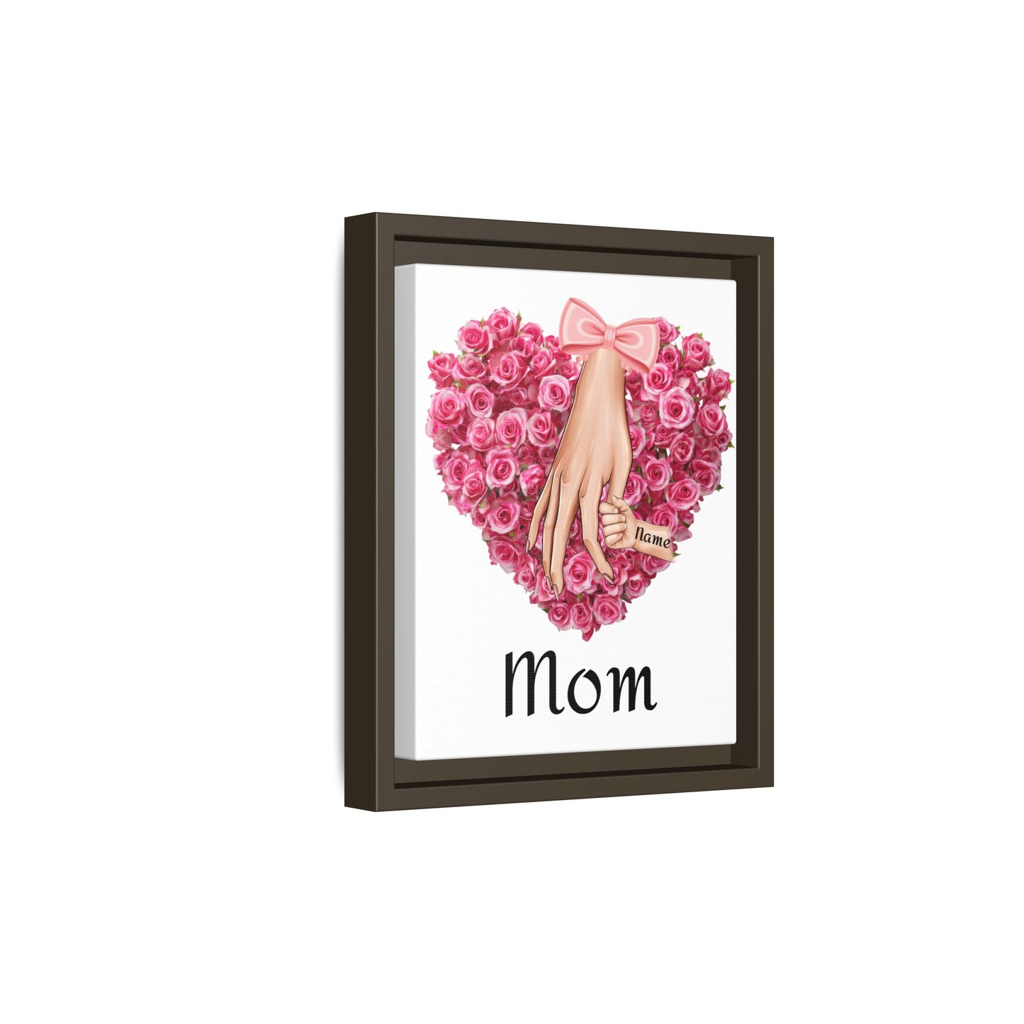 'Mom' Pink Rose Heart with Holding Hands (Matte) Framed Canvas Art