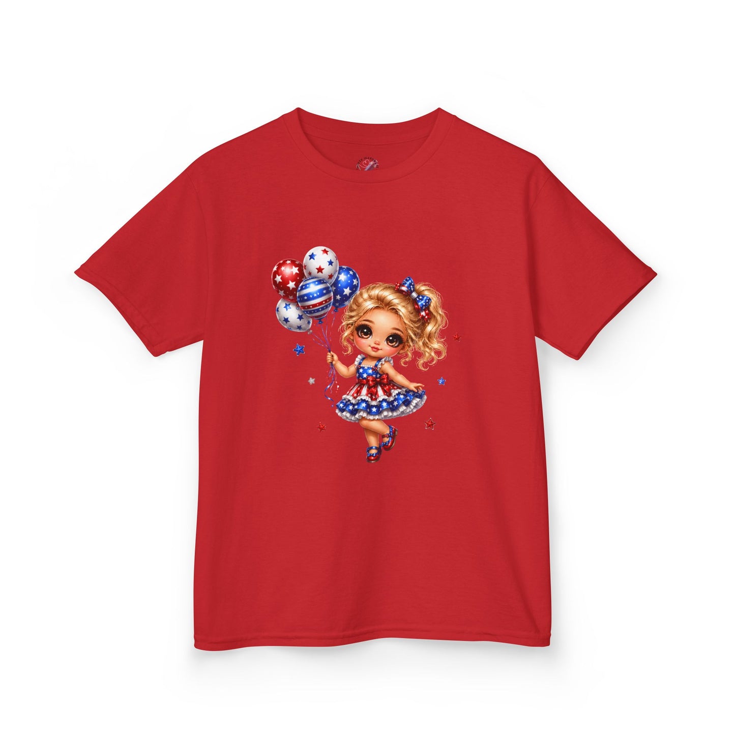 Kids Tee — Cute Patriotic Girl with Stars & Balloons (4th of July)
