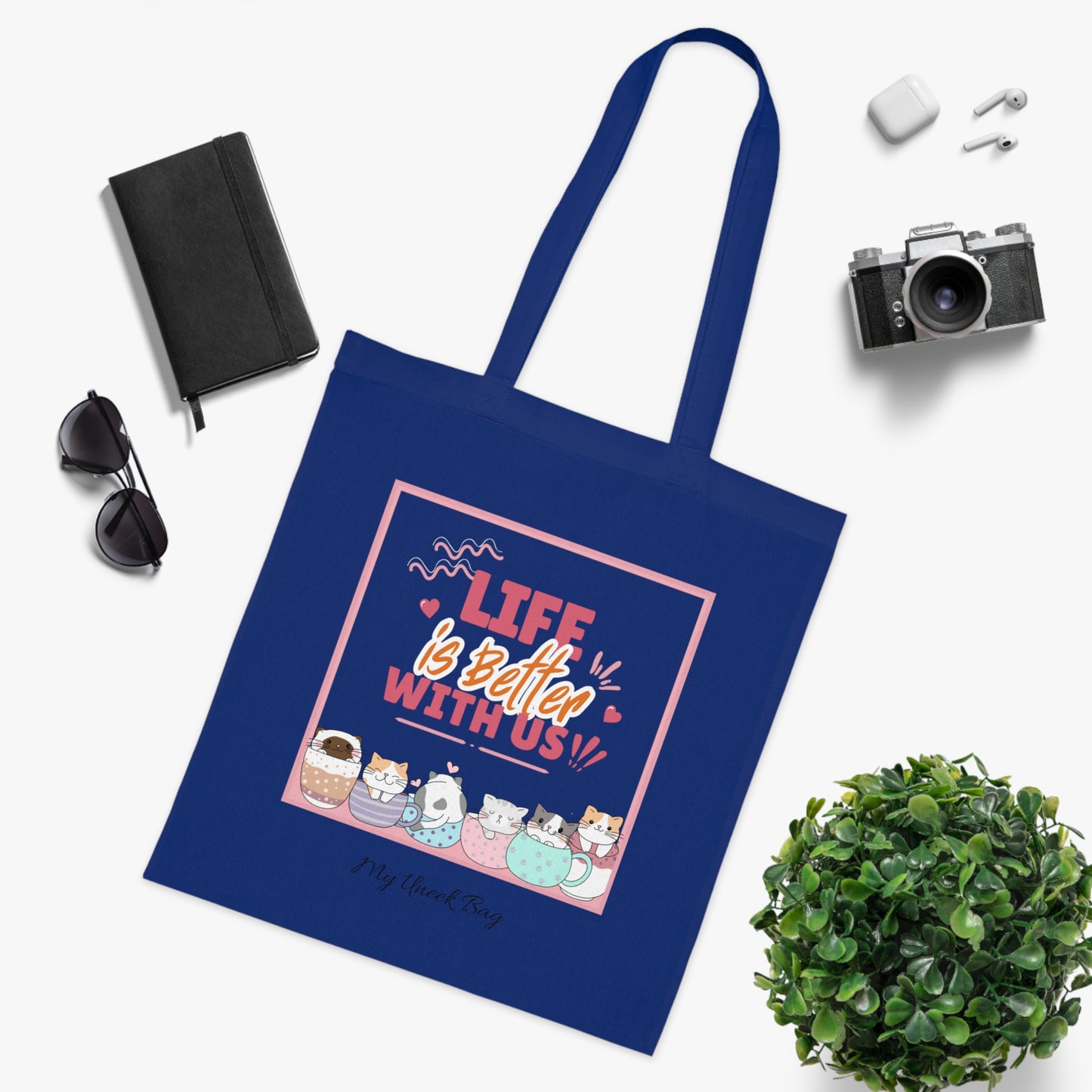 Tote Bag — "Life Is Better With Us" Cute Coffee & Cat Illustration Cotton Tote