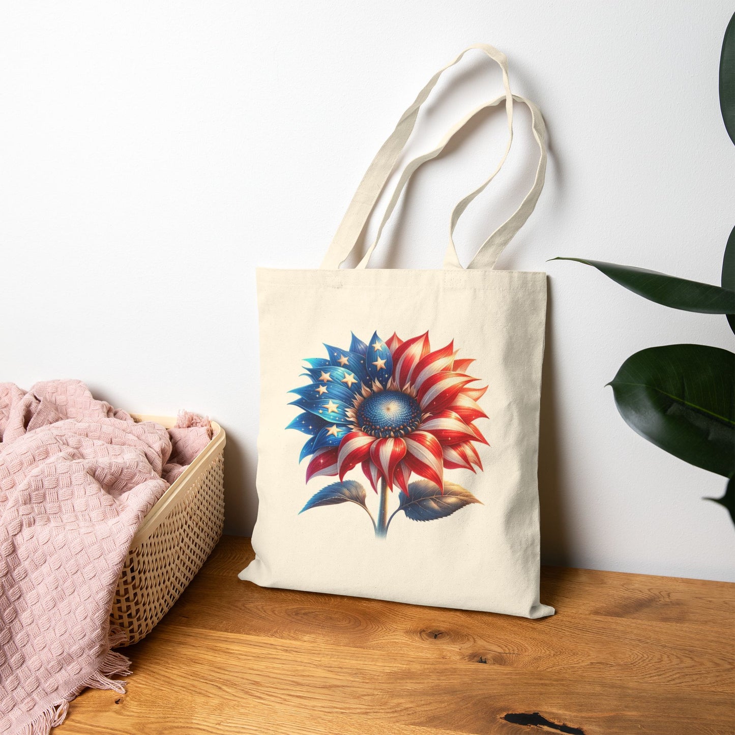 Patriotic Sunflower Tote Bag - American Flag Floral Cotton Canvas Tote