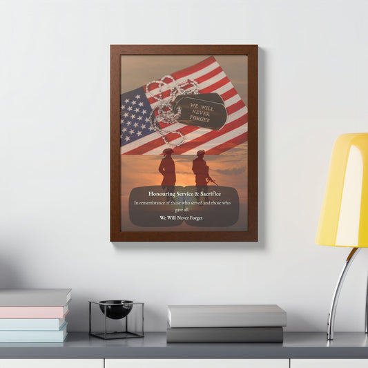 We Will Never Forget Memorial Framed Poster — Honoring Service & Sacrifice