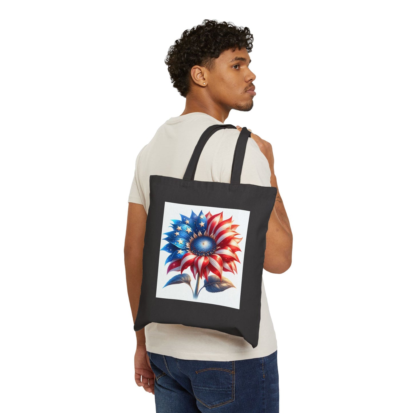 Patriotic Sunflower Tote Bag - American Flag Floral Cotton Canvas Tote