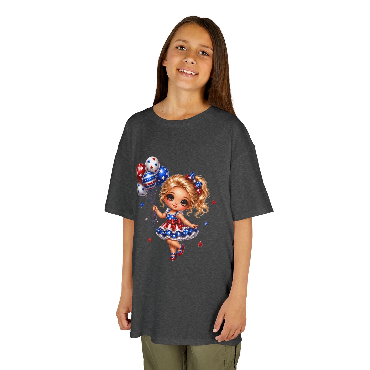 Kids Tee — Cute Patriotic Girl with Stars & Balloons (4th of July)