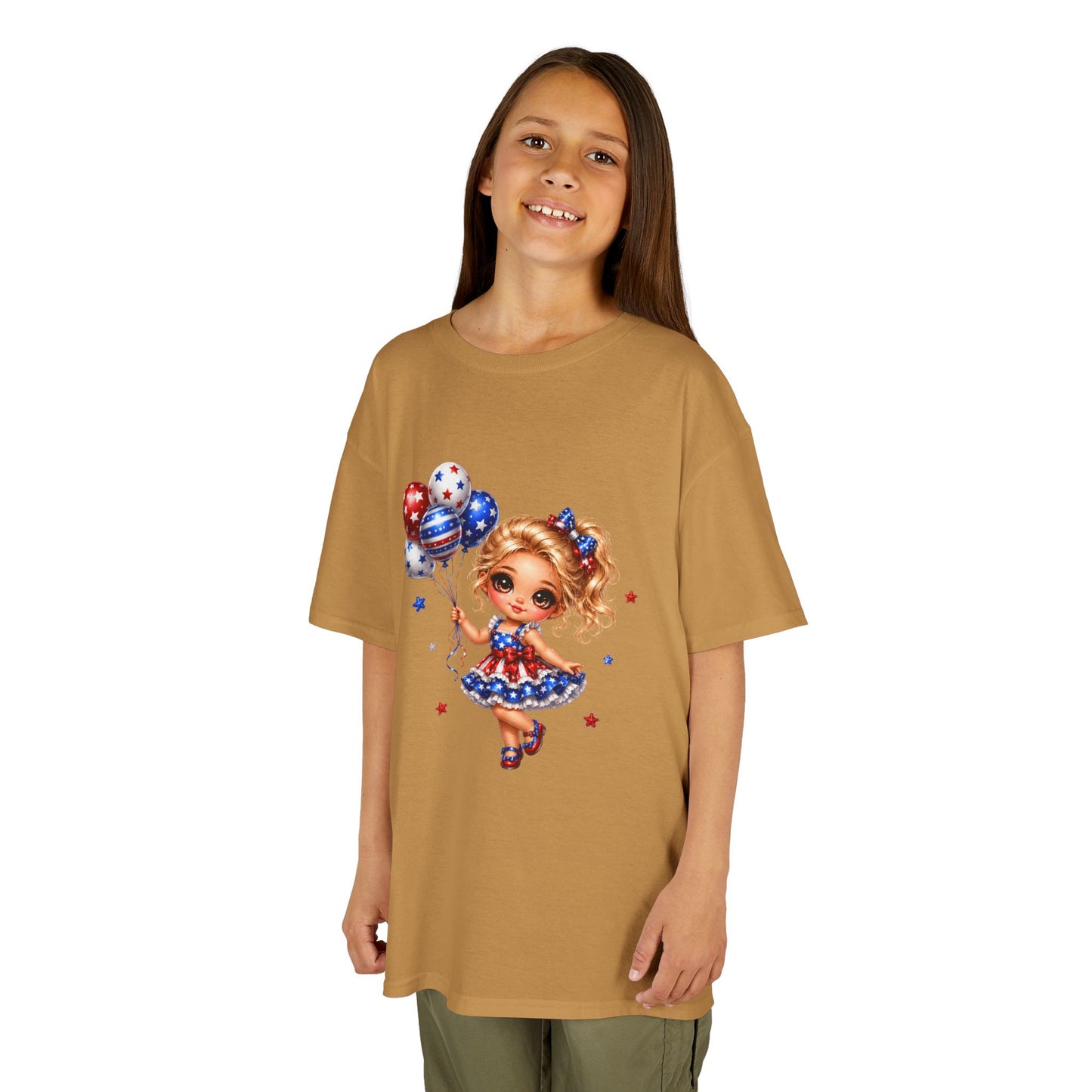 Kids Tee — Cute Patriotic Girl with Stars & Balloons (4th of July)