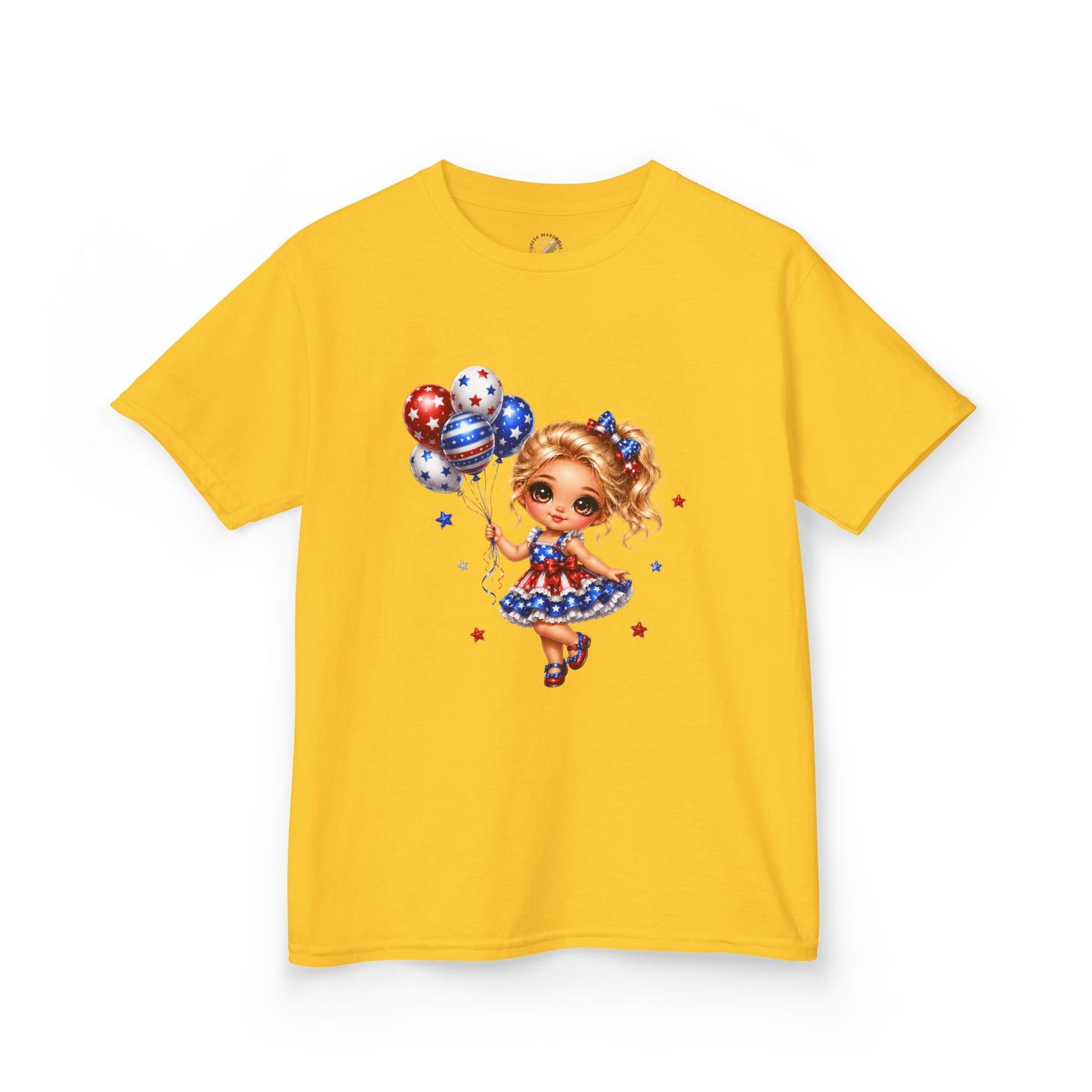 Kids Tee — Cute Patriotic Girl with Stars & Balloons (4th of July)