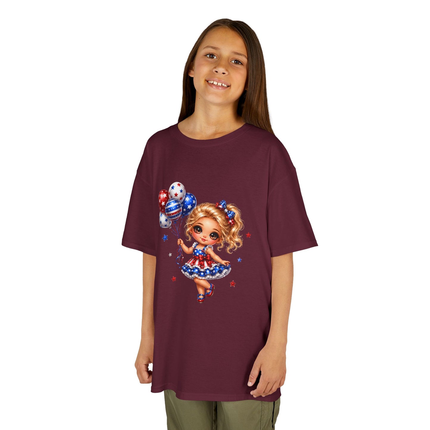Kids Tee — Cute Patriotic Girl with Stars & Balloons (4th of July)