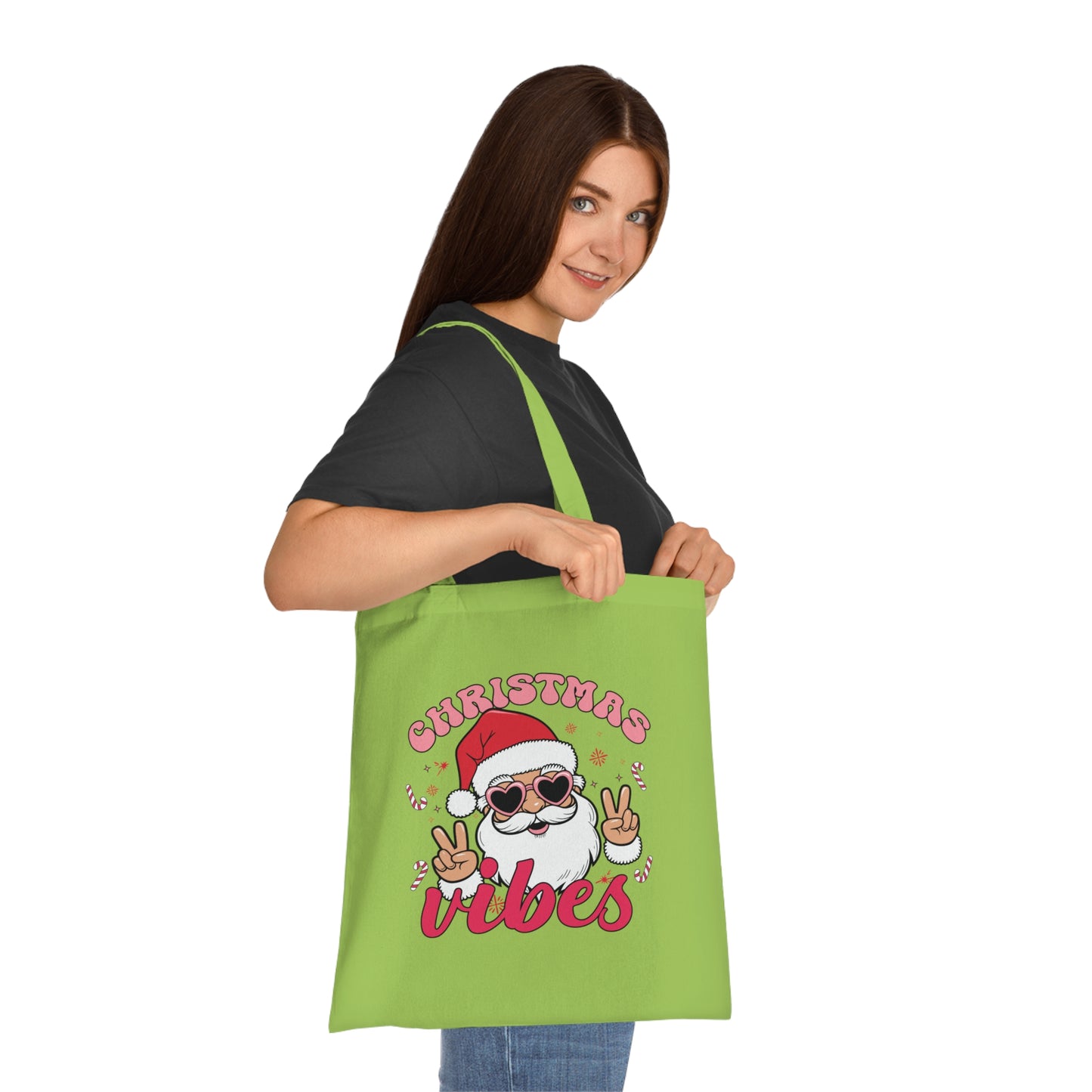 Christmas Vibes Cotton Tote Bag — Santa Peace Sign Holiday Market Tote