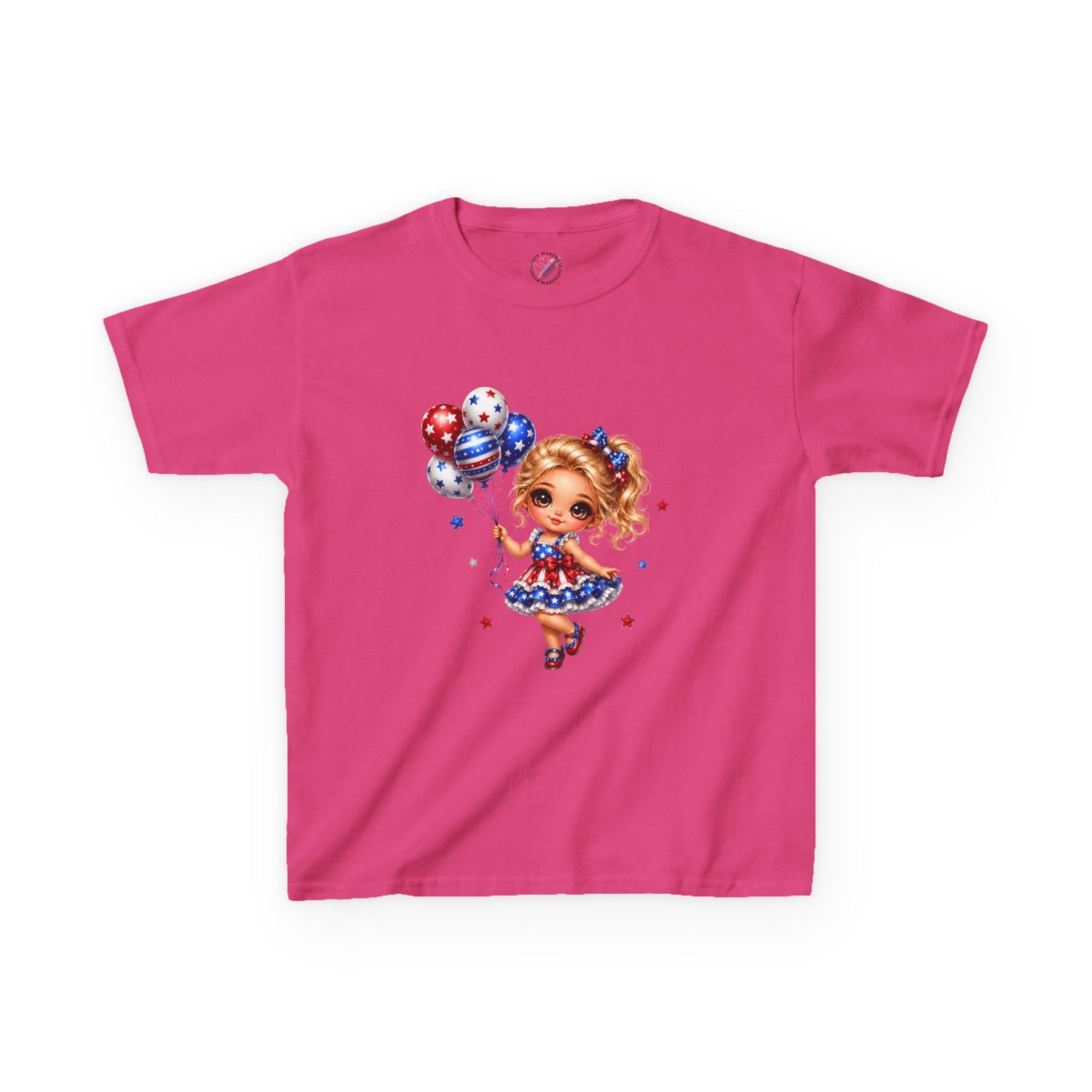 Kids Tee — Cute Patriotic Girl with Stars & Balloons (4th of July)