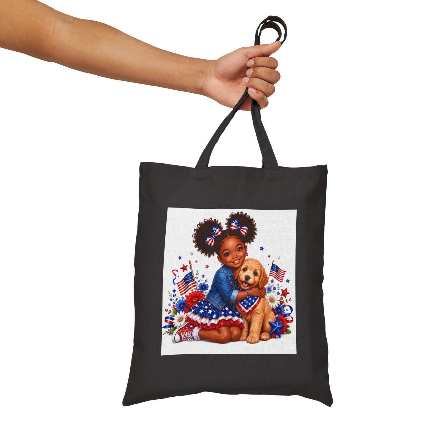 Patriotic Girl & Puppy Canvas Tote — 4th of July Independence Day Grocery Bag