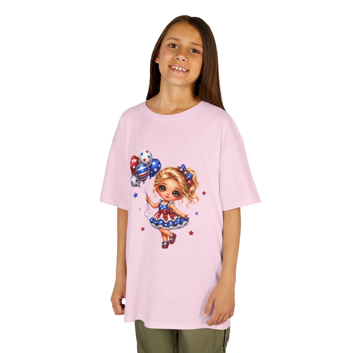 Kids Tee — Cute Patriotic Girl with Stars & Balloons (4th of July)